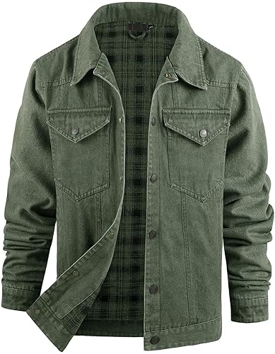 Flygo Mens Flannel Lined Denim Jacket Snap Cowboy Cut Western Classic Slim Fit Vintage Heavy Duty Jacket Trucker Coat