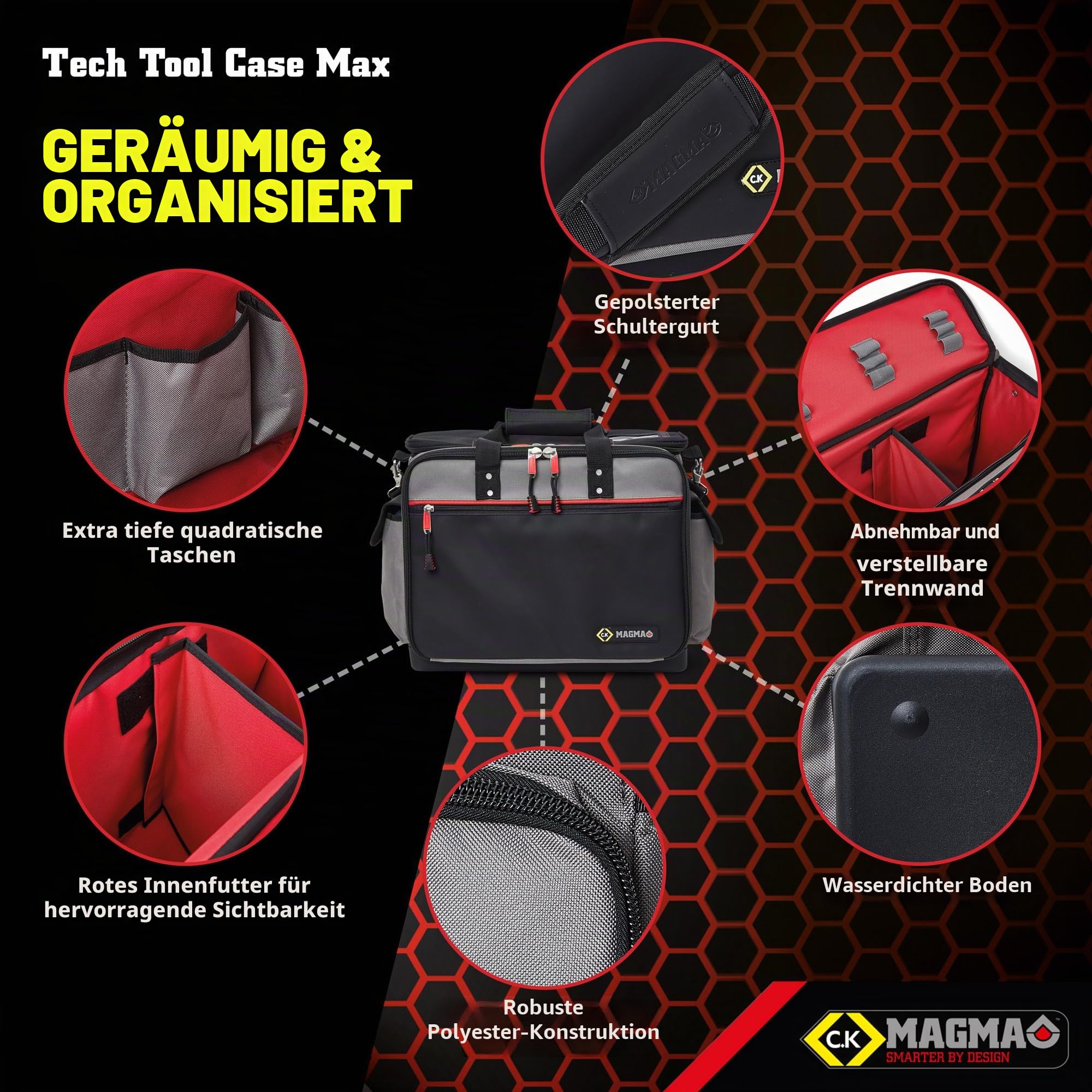 C.K Magma Werkzeugtasche Tech Tool Case Max, 50 Fächer, Laptopfach, extra breites Hauptfach, wasserdichter Gummiboden, robuste Werkzeug Aufbewahrung für Elektriker, Techniker und Handwerker, CK MA2639
