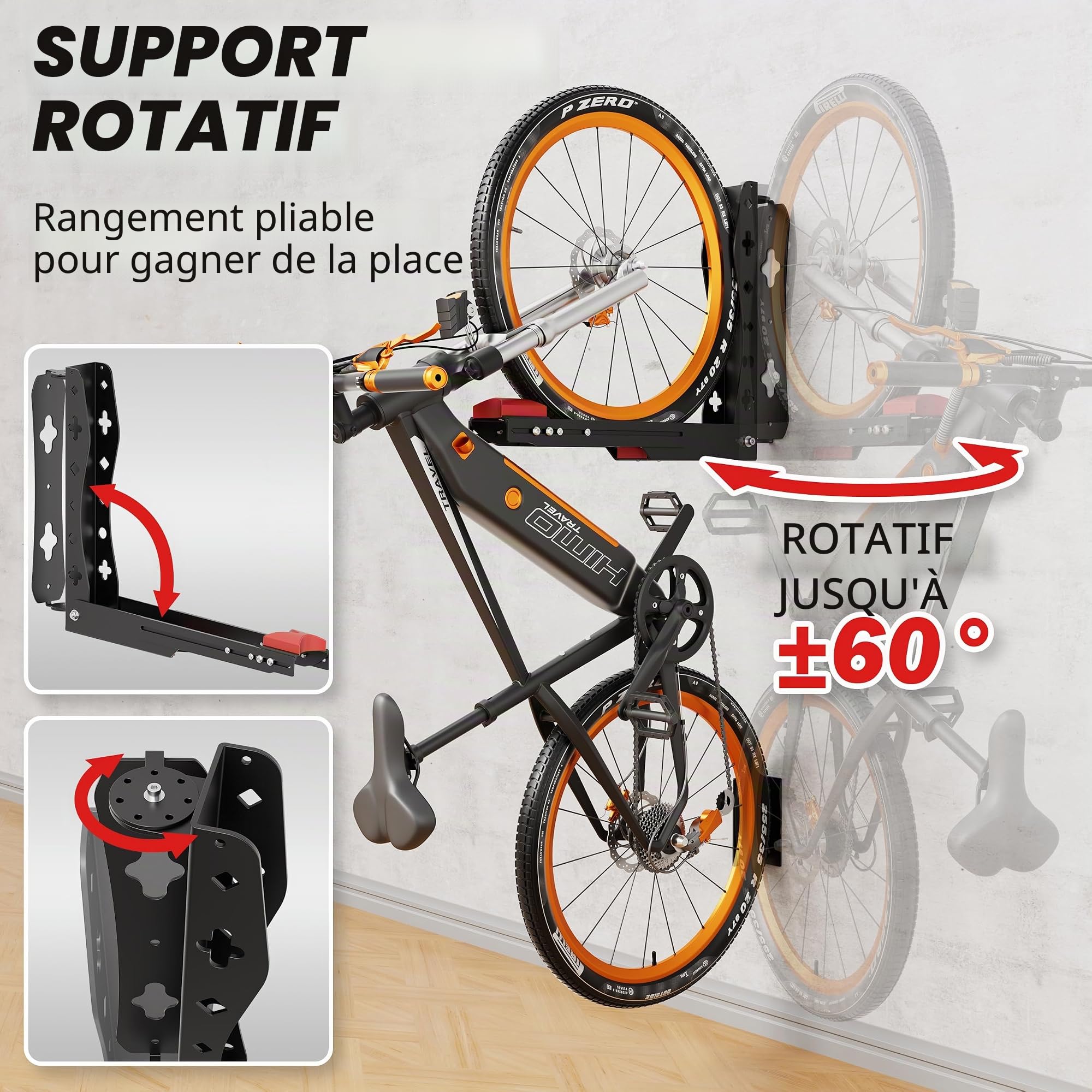 Support mural pivotant pour vélo, support mural pour vélo peu encombrant pour le garage, facile à accrocher et à décrocher, peut supporter jusqu'à 35 kg, pour vélos de 24 à 29 pouces (1)