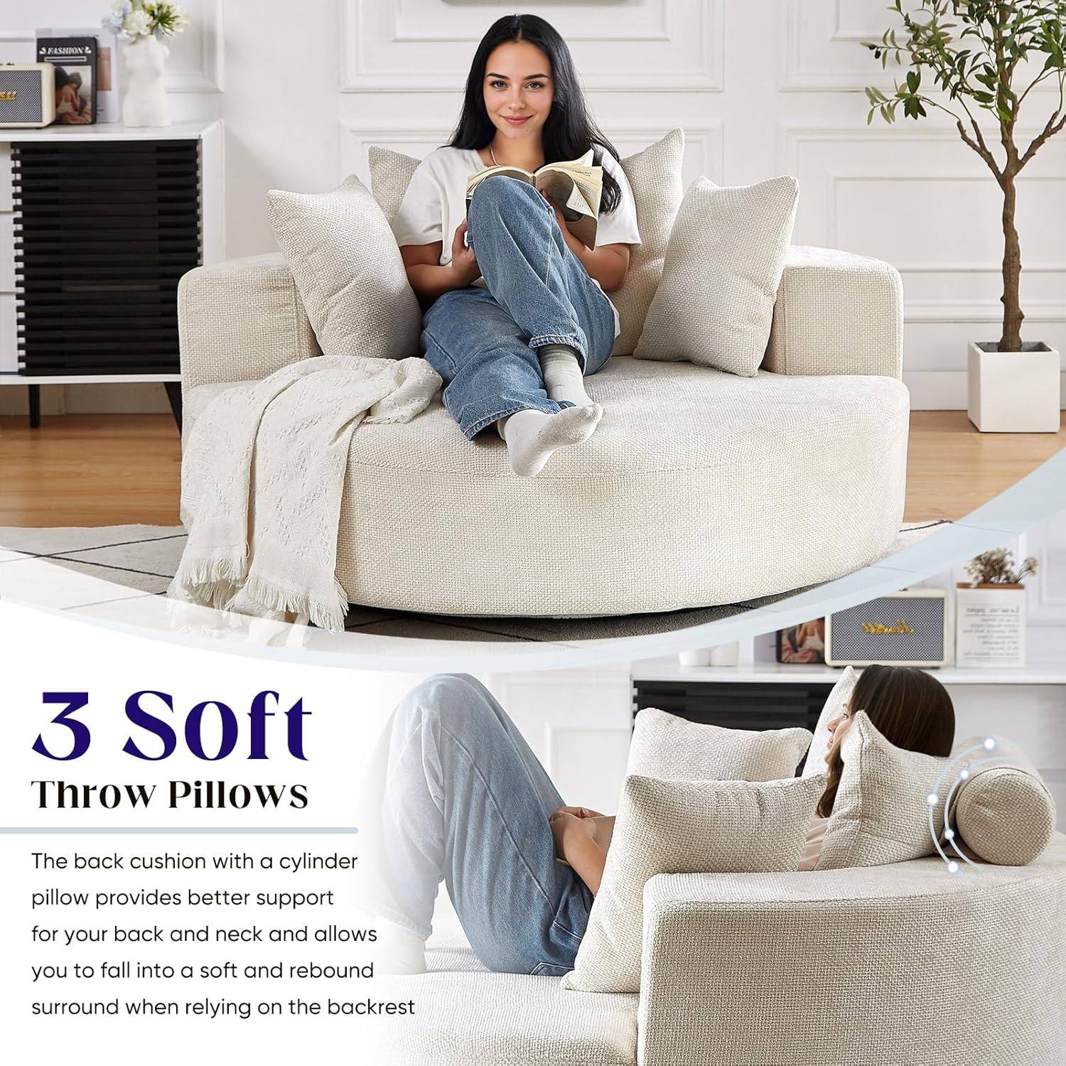 Oversized Round Swivel Chaise Longue Chair Indoor, Modern 55-inch 360 Degree Swivel Upholstered Chenille Deep Seat Circle Single Cloud Sofa Chair for Living Room, Bedroom Apartment, Office, Beige