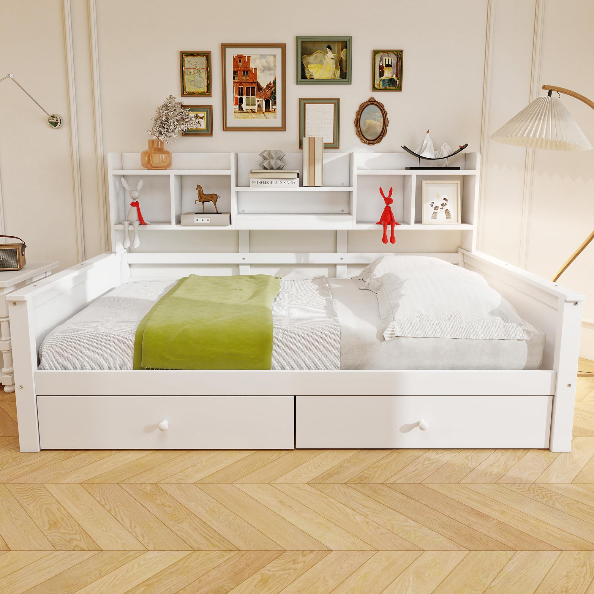 Cama Individual 90 x 200 cm Con Cajones y Estantes - Sofá Cama, Somier, Infantil, Juvenil - Madera Maciza Sin Colchón (Blanco)