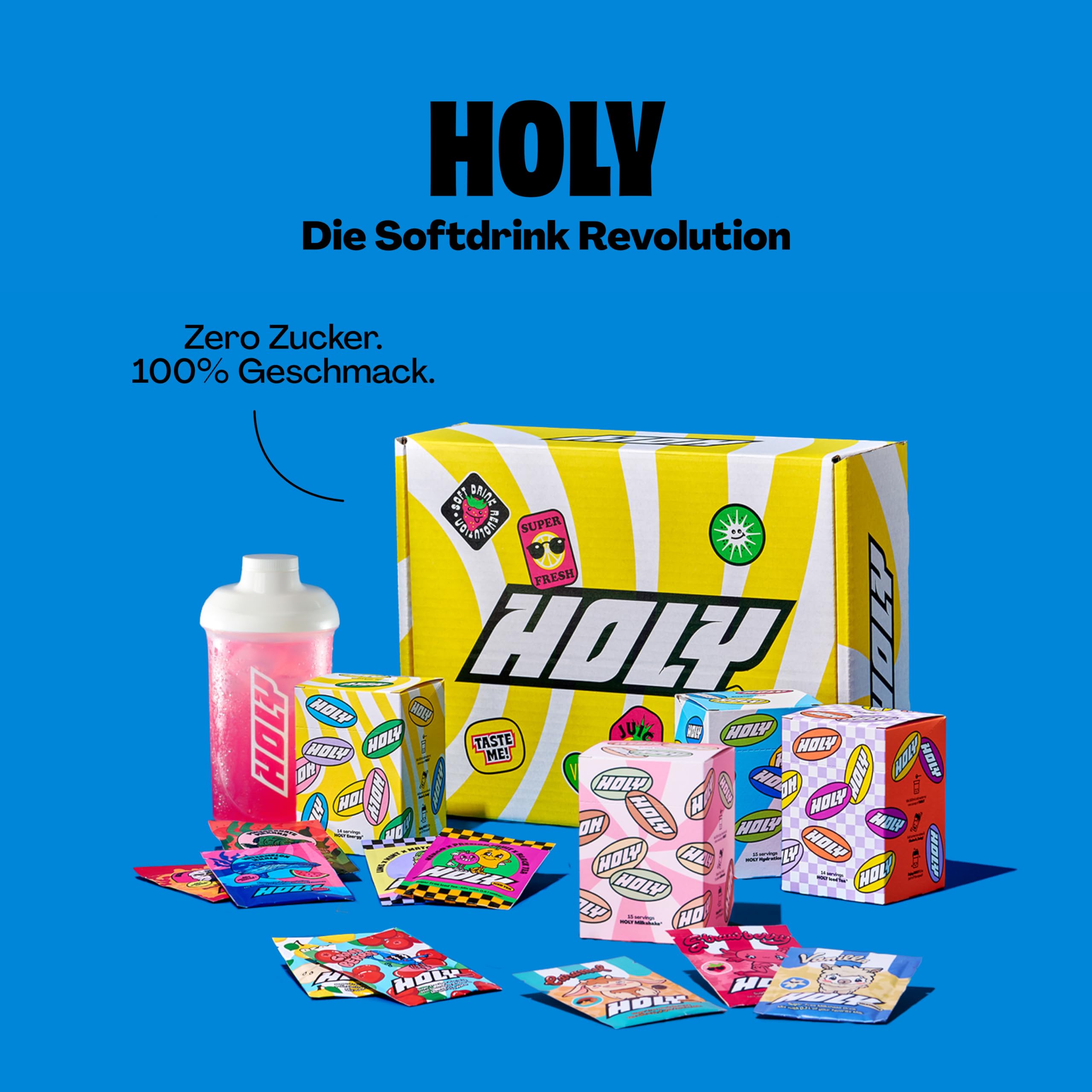 HOLY Starter Set Deluxe - Energy, Iced Tea, Hydration & Milkshake - 57 Portionen in 26 fruchtigen Geschmacksrichtungen - Vegan & zuckerfrei mit 100% natürlichen Fruchtaromen