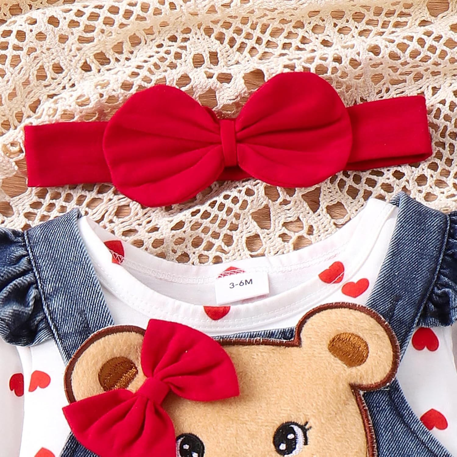 Baby Girl Clothes Outfits Fall Winter Cute Love Romper Bear Cartoon Overalls Jeans Pants Headband Set 0-18 Months - Image 4