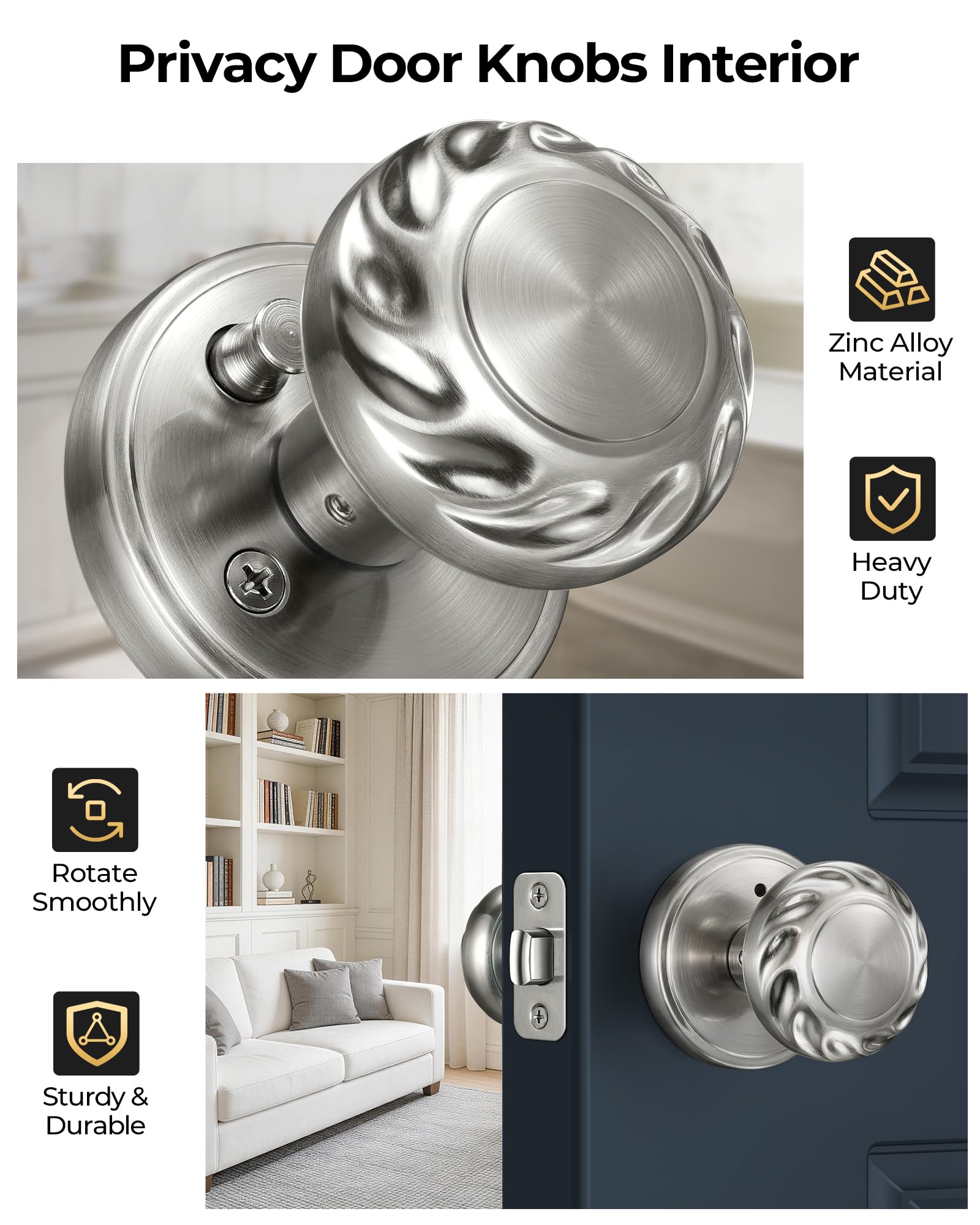 Brushed Nickel Door Knobs - 6 Pack Zinc Alloy -4