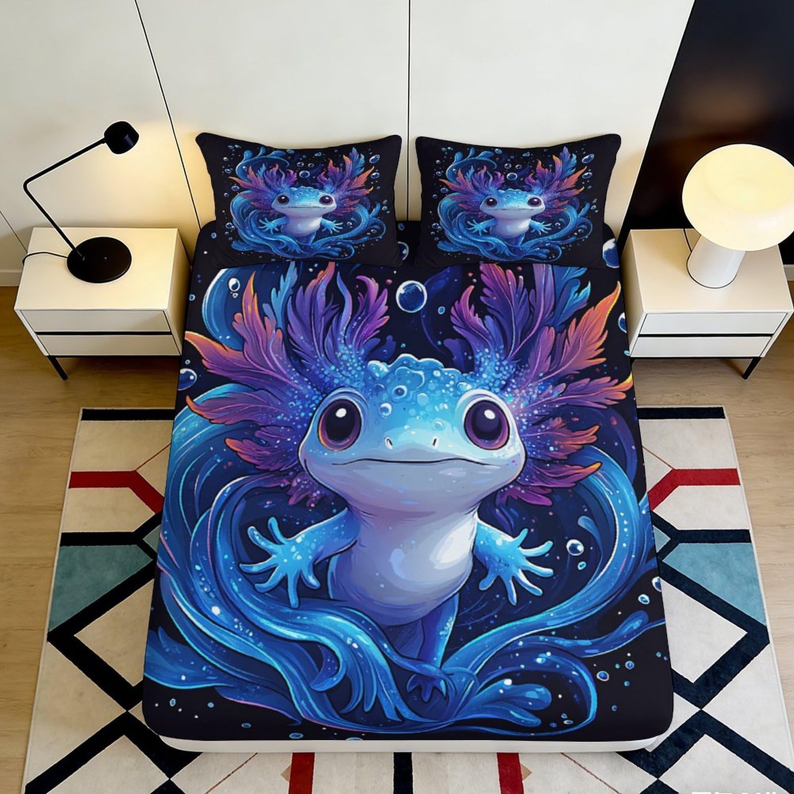 Pnayamiorkfel Style-3 3D Printed Fantasy Axolotl Fitted Sheet Microfiber Vibrant Blue Purple Animal Bed Cover Bedroom Decor Easy Care 90X200x25cm