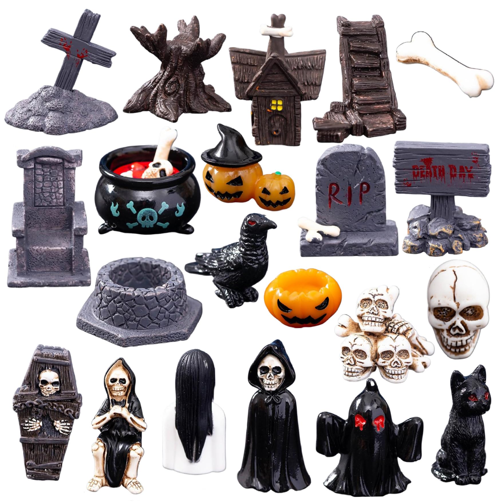 CNAFGBGG Halloween Miniatures, 21PCS Resin Mini Halloween Figurines, Horror Skull Heads Crow Tombstone Scene Village Accessories for Party Favors Fillers Tabletop Decor..