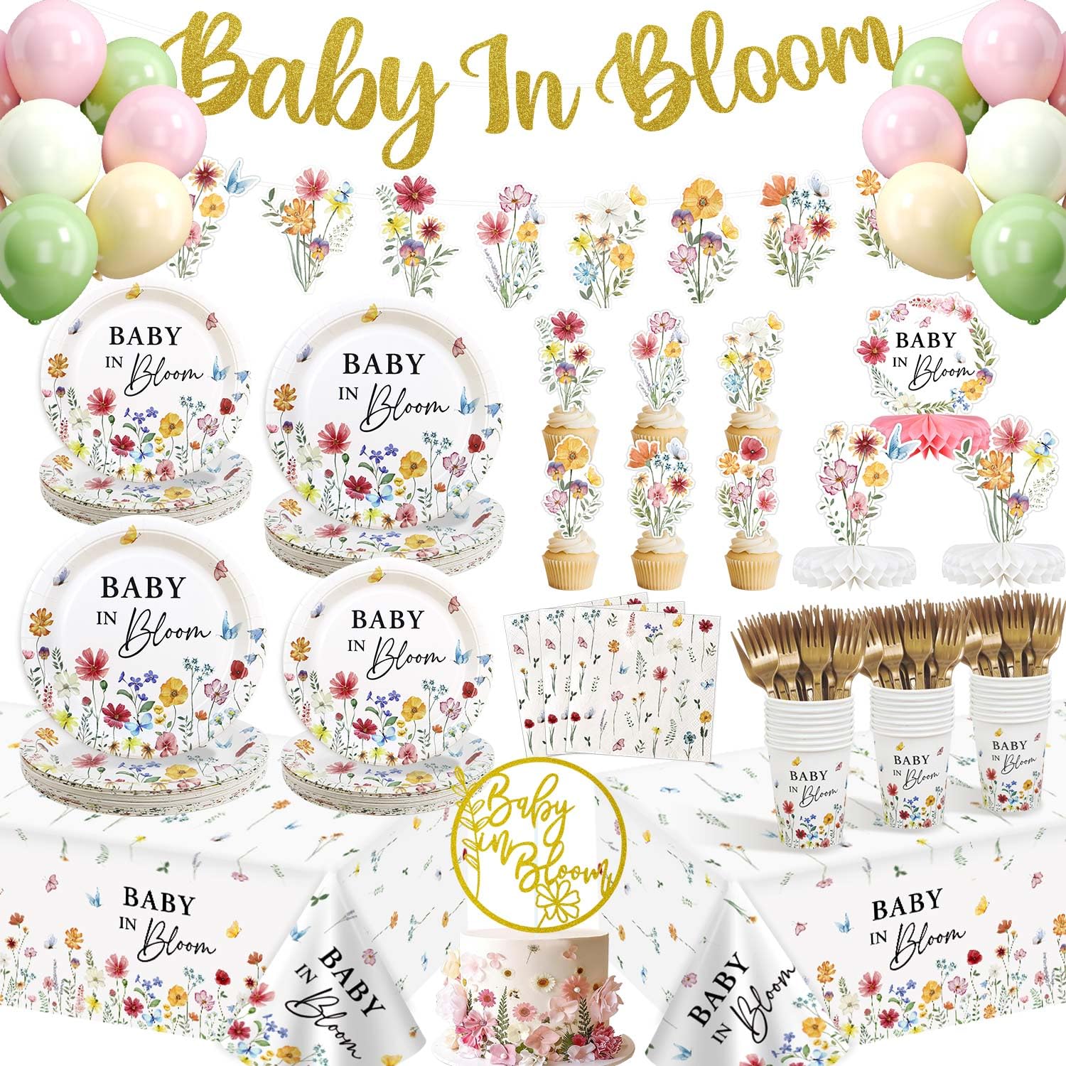 Photo 1 of 181Pcs Spring Baby In Bloom Baby Shower Decorations Plates Set, Wildflower Floral Baby Shower Paper Plates Napkins Cups Forks Hanging Swirls Banner Cupcake Toppers Centerpieces Tablecloths