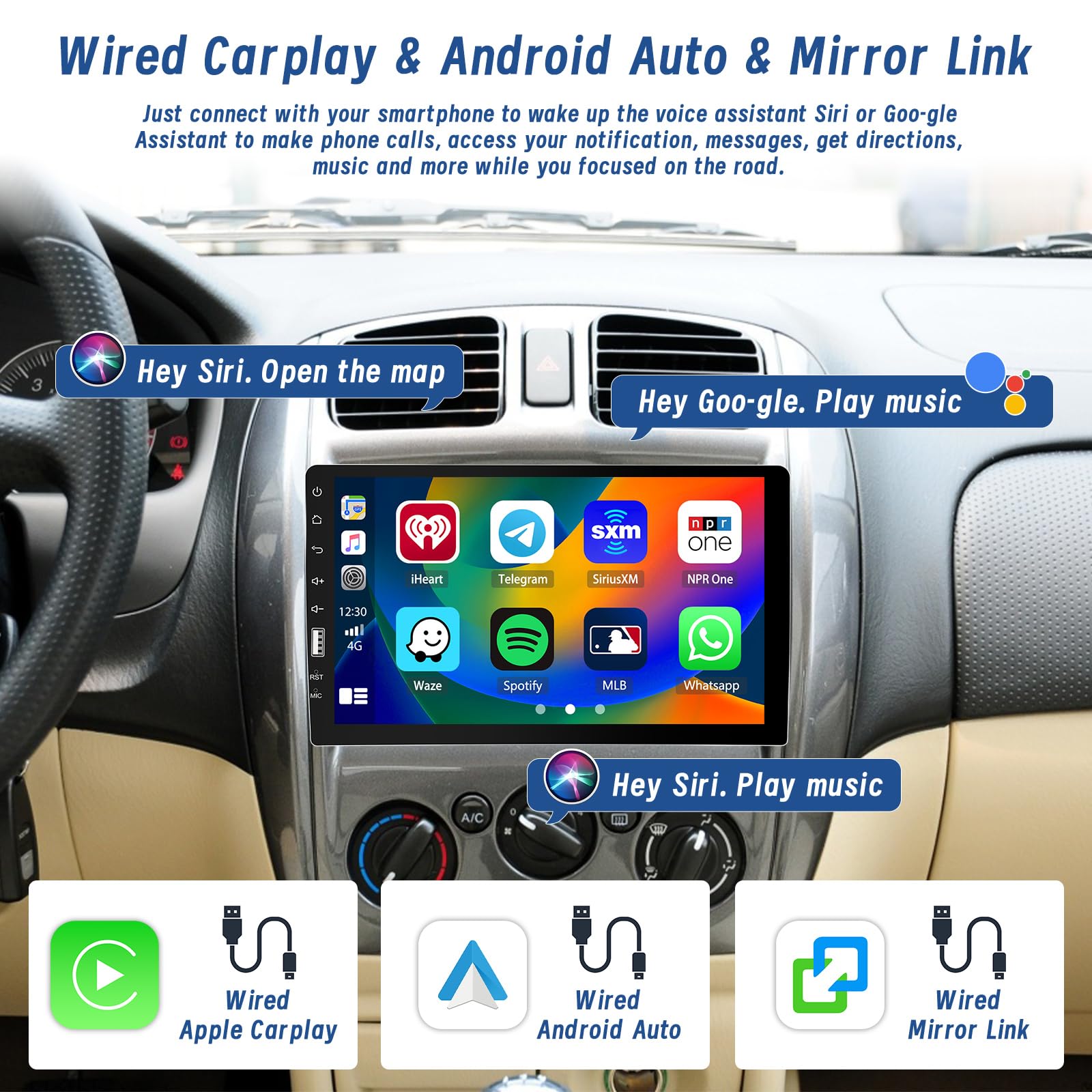 9 Pulgadas Autoradio 1 DIN con Carplay Android Auto Mirror Link, Pantalla Táctil Bluetooth Radio Coche Soporta FM Am SWC Cámara de Seguridad Mic USB TF/USB/AUX Input