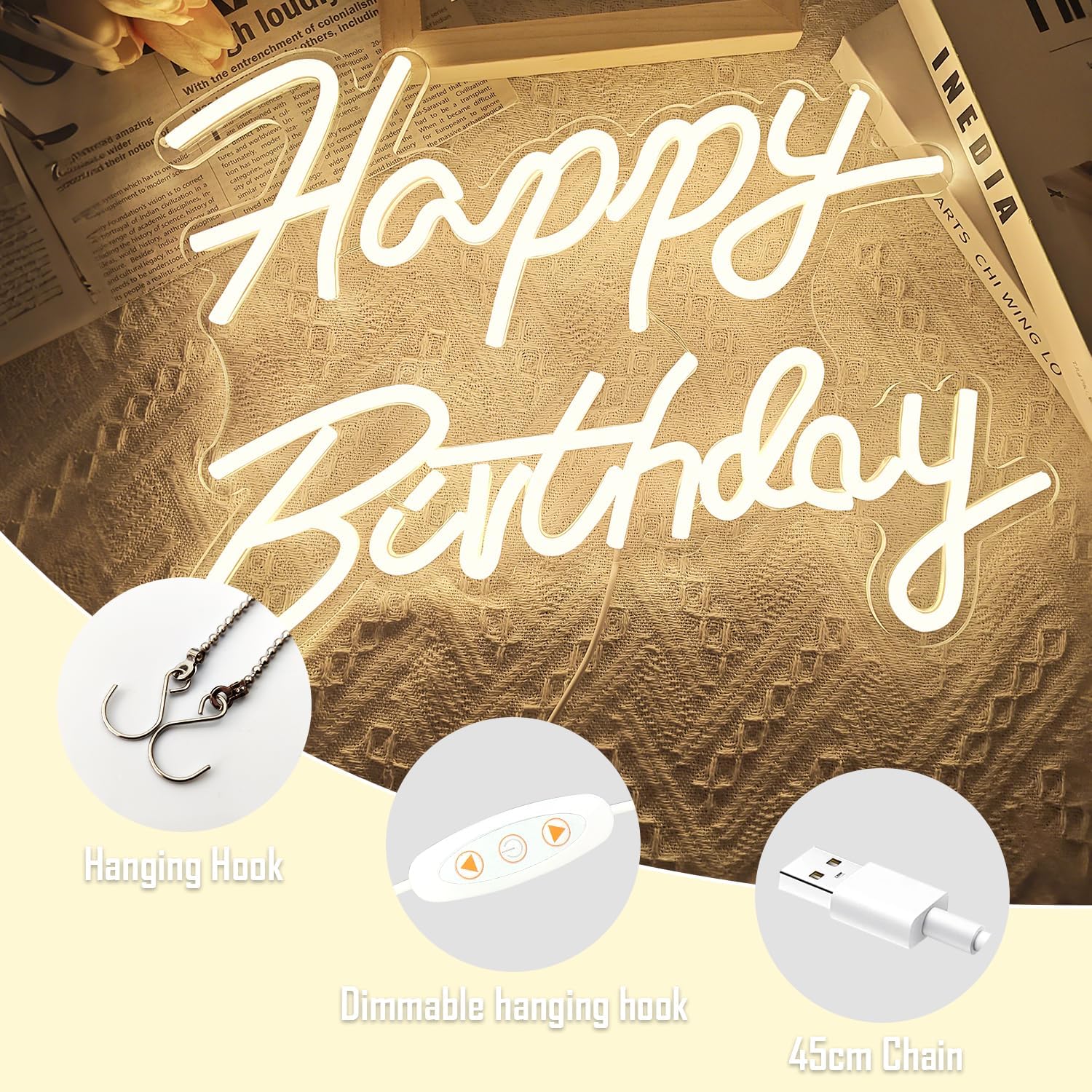 Ajoyferris Happy Birthday Neon Sign Dimmable Light Neon Happy Birthday Sign Happy Birthday Led Sign Happy Birthday Light Up Sign Happy Birthday Sign for Backdrop Birthday Party Decoration