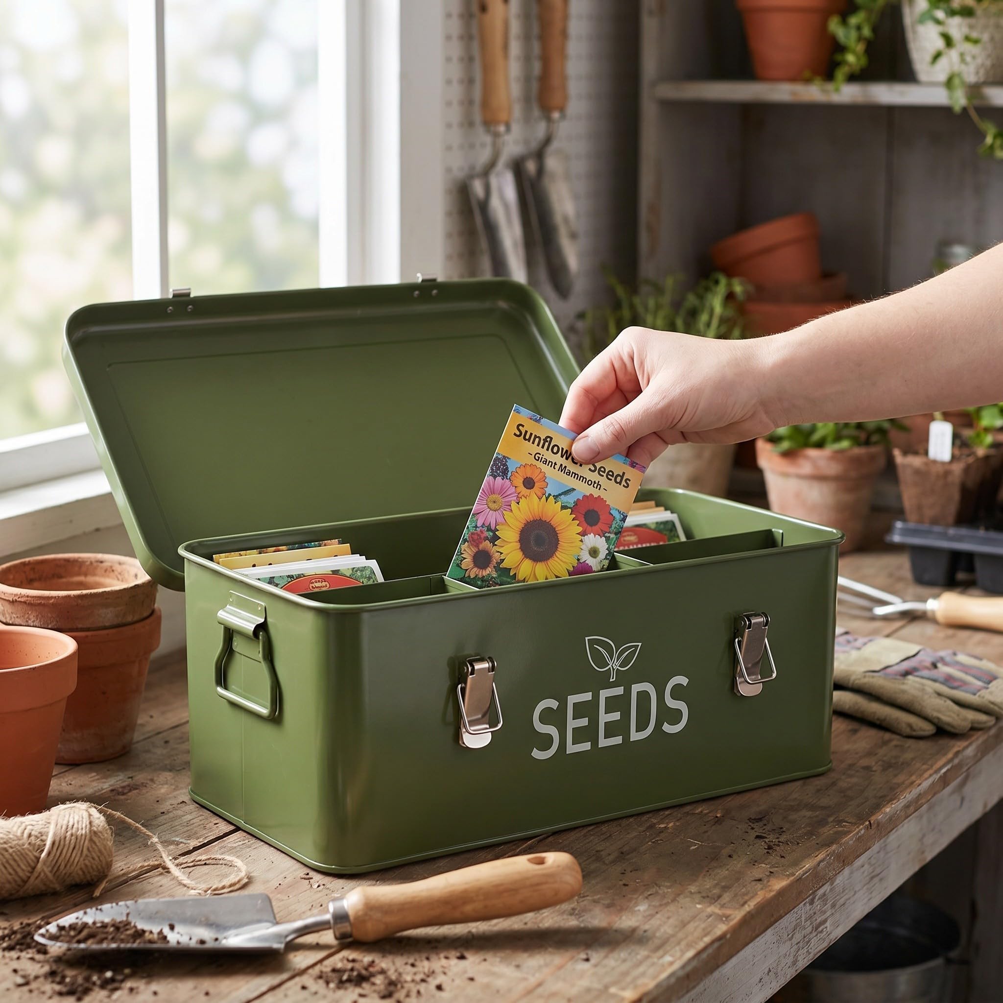 Toyvian Saatgut Aufbewahrungsbox aus Eisen mit Klappbarem Deckel Tragbar mit Griff Sicher Verschließbar für Gartenwerkzeuge und Samenlagerung Größe 33,5x18,5x12,5 Cm
