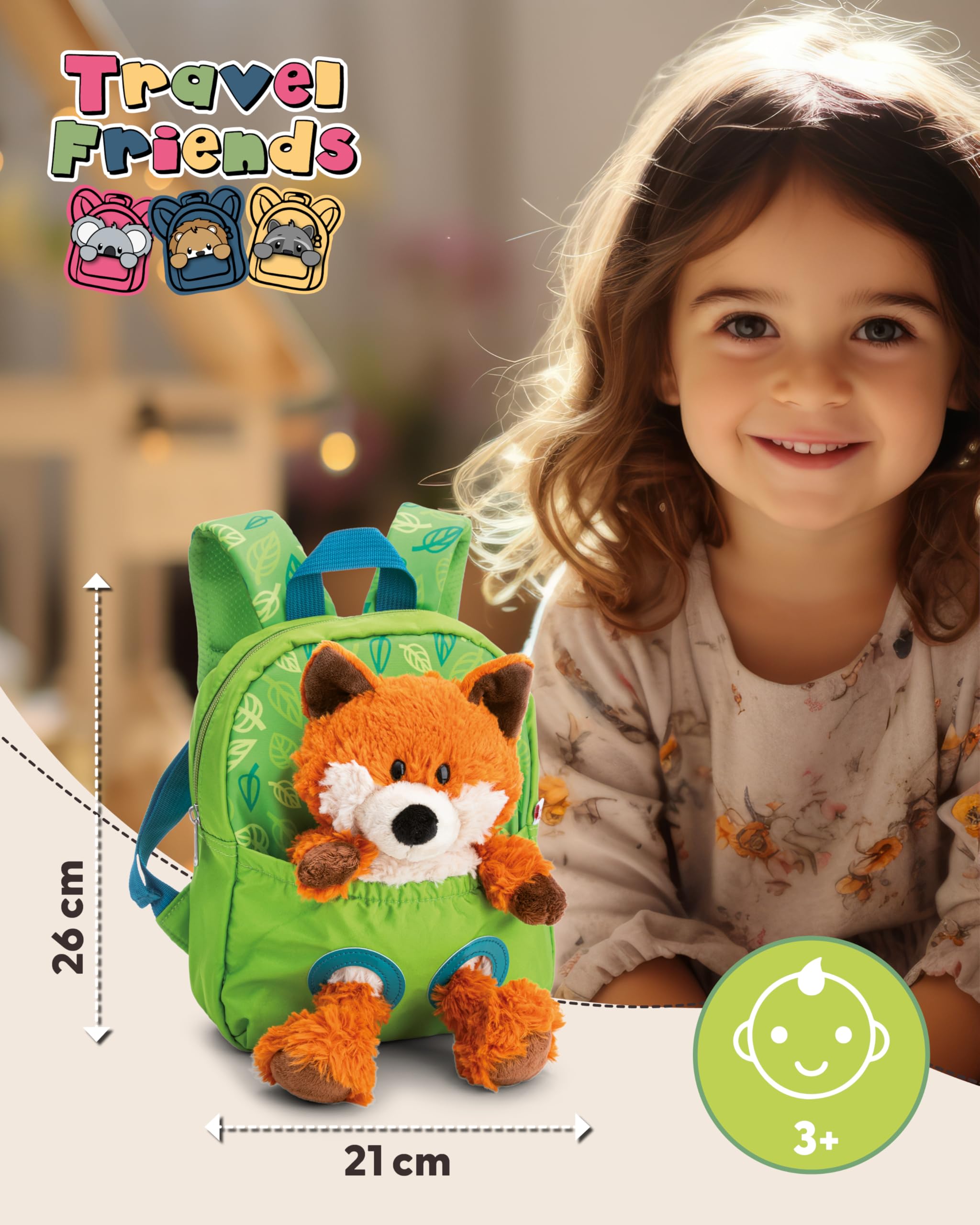 NICI Rucksack mit Plüschtier 21x26cm Fuchs 25cm - grün - Abnehmbarer Pluschspielzeug Weich Flauschig- Kindergartenrucksack mit Kuscheltier für 2-5 Jährige Jungen und Mädchen - 62692