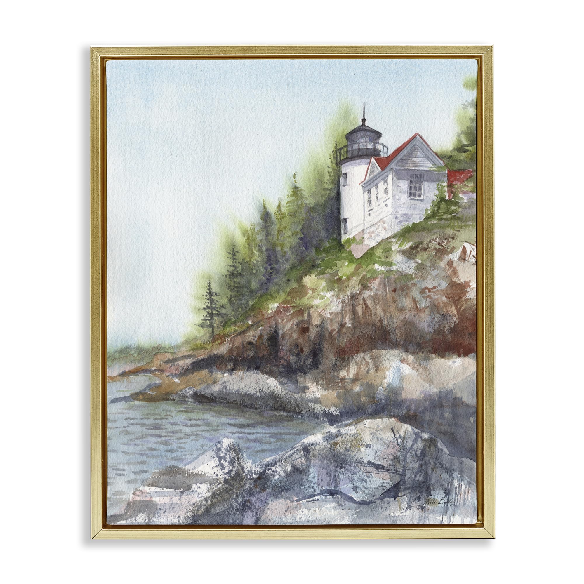 Stupell Industries Metallic Gold (Matte) 'Bass Harbor Lighthouse', Floating Frame Canvas Art, Gold, 25 X 31 Inches, Easy To Hang And Sturdy, Made In Usa, By Patti Bishop