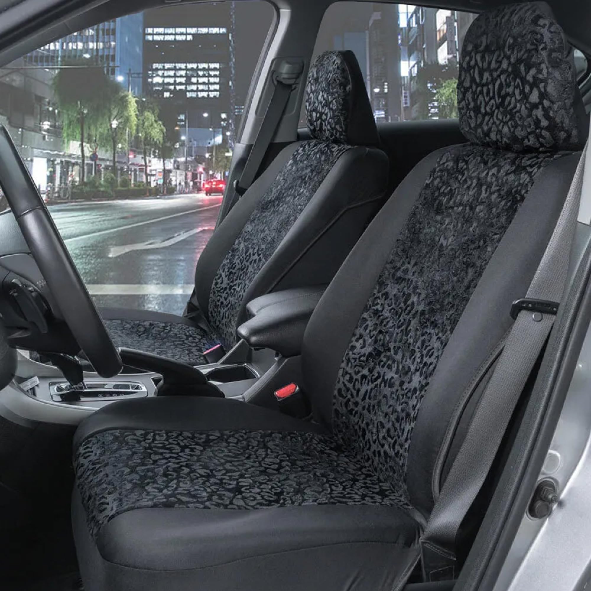 BDK Black Leopard Car Seat Covers for Front Seats Animal Print Front Seat Cover Set with Matching Headrest — view 2