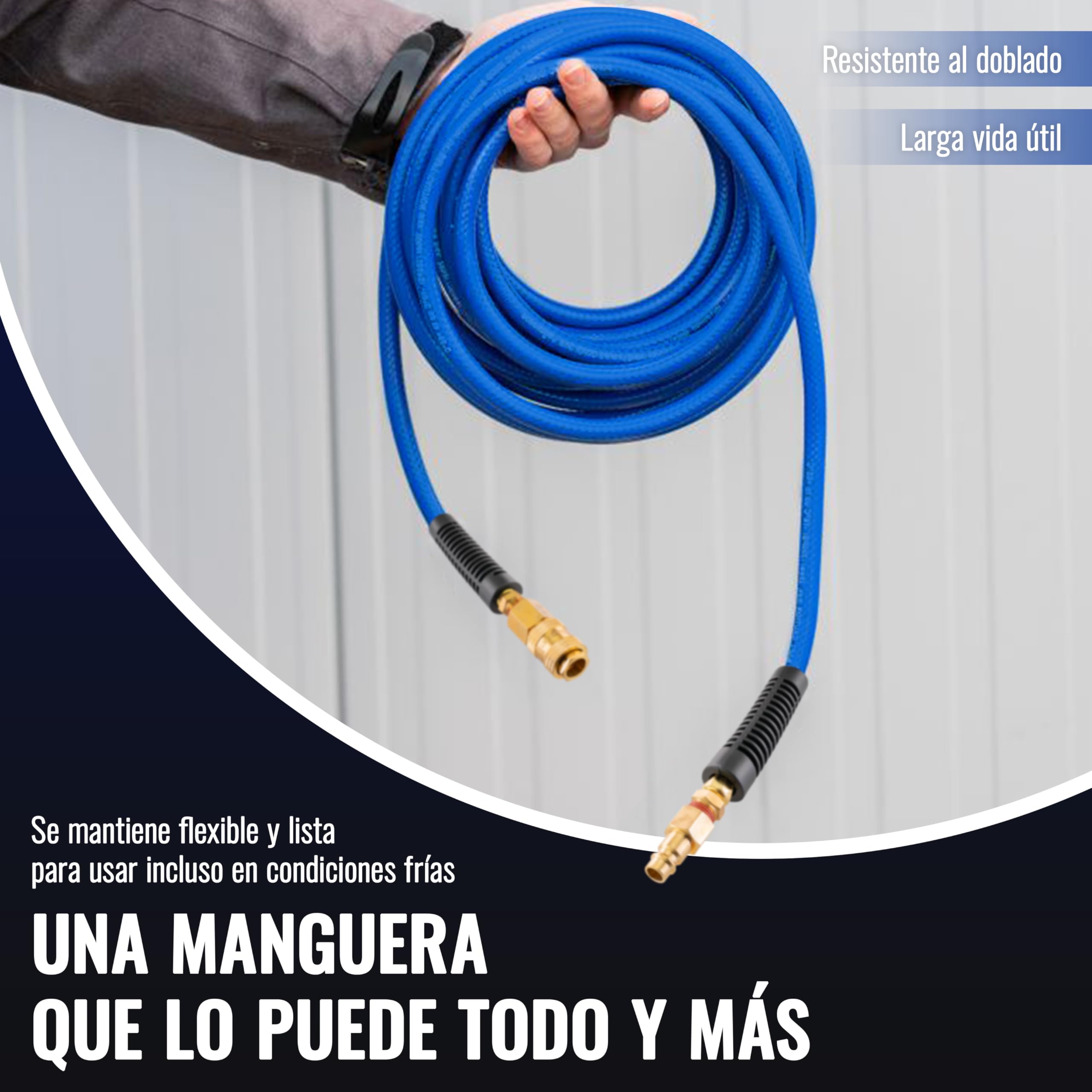 Poppstar Manguera para aire comprimido de PVC híbrido 50 m, diámetro interior 9,2 mm, boquilla de latón 1/4", 20 bar, azul