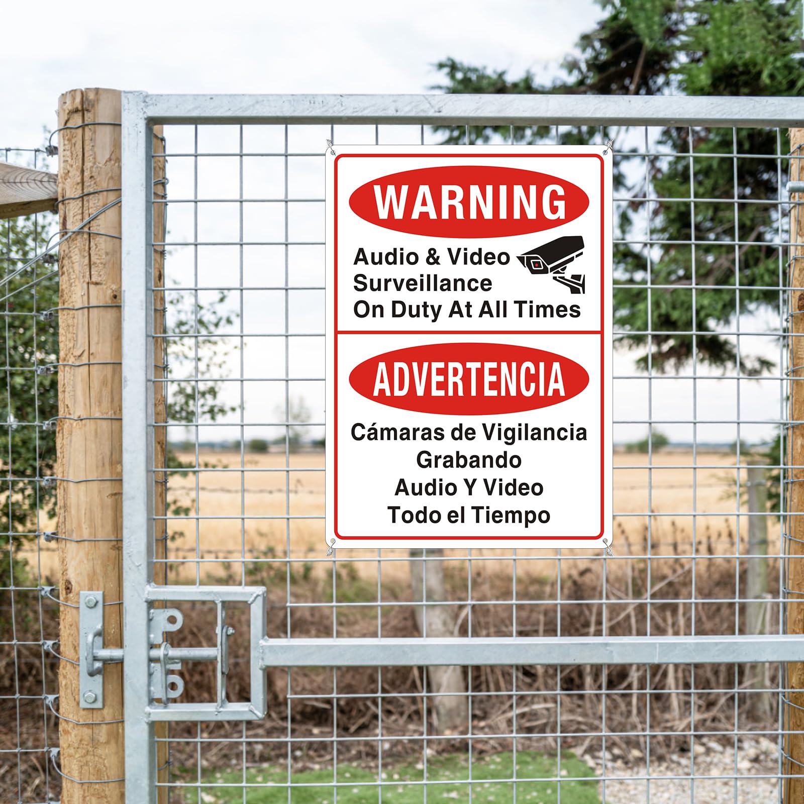 Señales de videovigilancia (2 unidades) con cámara en servicio en todo momento, cartel bilingüe inglés español de vigilancia por cámaras de vídeo, letrero de metal, resistente a la intemperie y fácil
