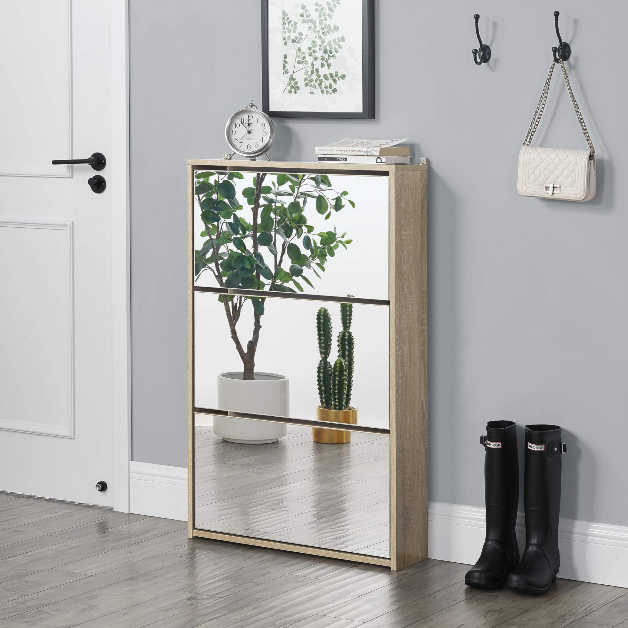 [en.casa] Scarpiera Slim con Ante a Specchio e 3 Contenitori Ribaltabili Mobile Portascarpe Salvaspazio per Ingresso Corridoio e Camera 103x63x17 cm Effetto Rovere Sonoma