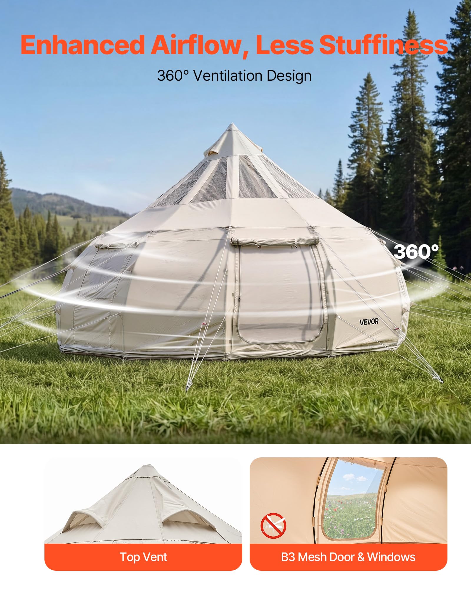 VEVOR Canvas-Glockenzelt, 5 m Jurte, 4 Jahreszeiten, mit Ofenrohrdurchführung & Regenhülle, Poly-Baumwoll-Gewebe, bis zu 12 Personen, für Familien-Camping, & Andere Outdoor-Aktivitäten, Beige