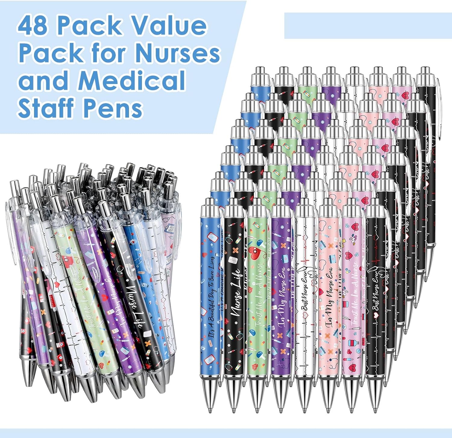 Ctosree 48 Pcs Funny Nurse Pens Bulk Lovely Cartoon Cute Retractable Nursing Pens Black Ink Ballpoint Nurse Gift for Emt Rn Lpn Cna Nurses Week Nursing Students Appreciation Gifts