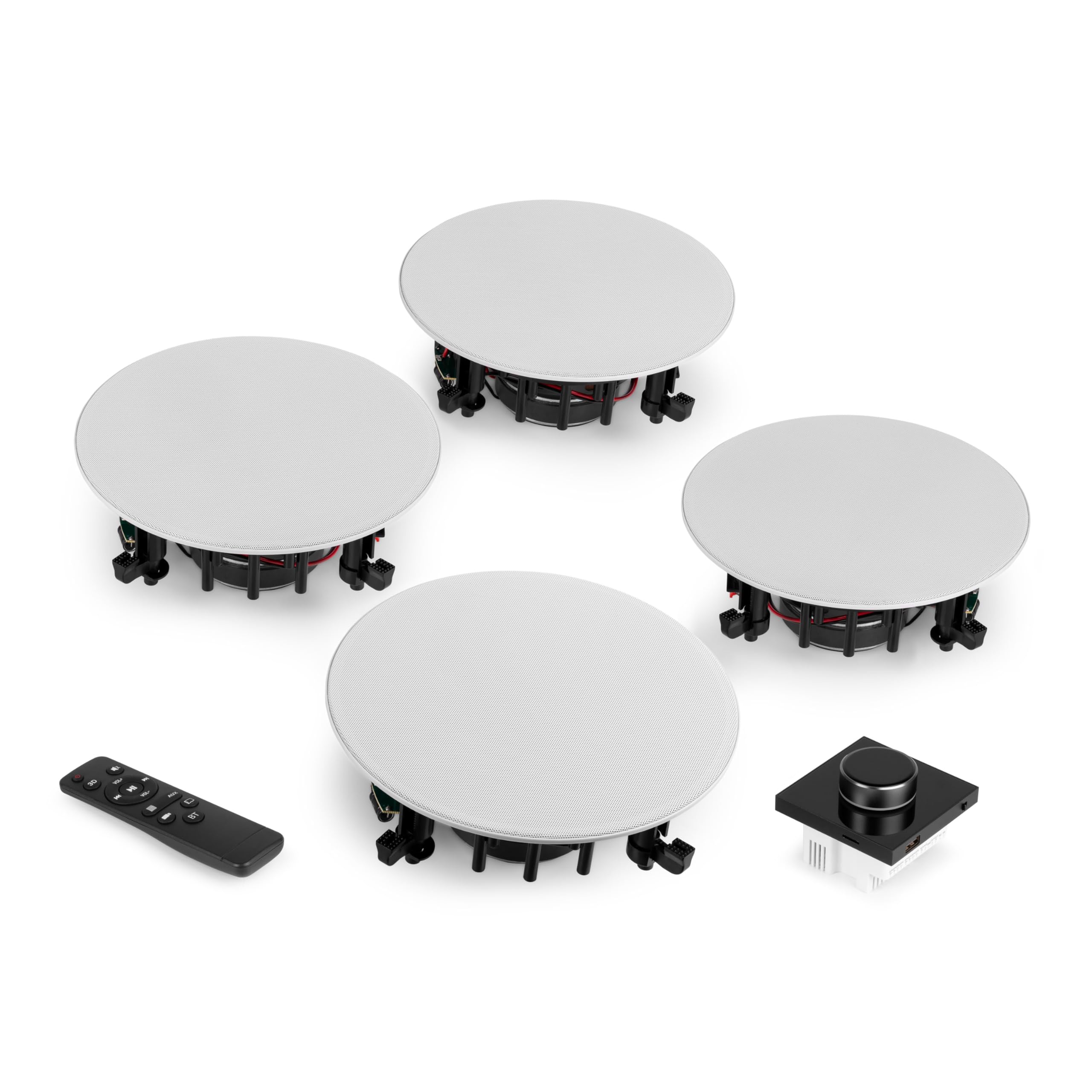 Power Dynamics B100B Bluetooth Deckenlautsprecher 4er Set - 4X Einbaulautsprecher 6,5" Schwarz – 100W Verstärker – Unterputzradio, 55mm Tief - Radio, USB & SD für Wohnzimmer, Büro, Gastro