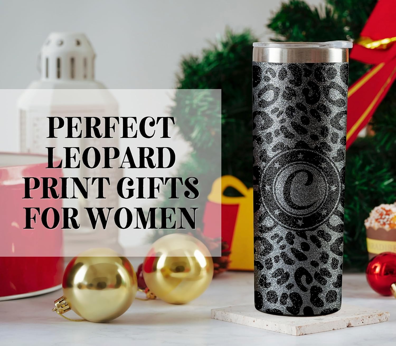 Onebttl Personalized Leopard Cup with Initial - Unique Cool Gifts for Women Who Have Everything on Birthday, Christmas - 20 oz Double-Wall Vacuum Tumbler with Lid and Straw - Black Glitter - Letter A - Image 6