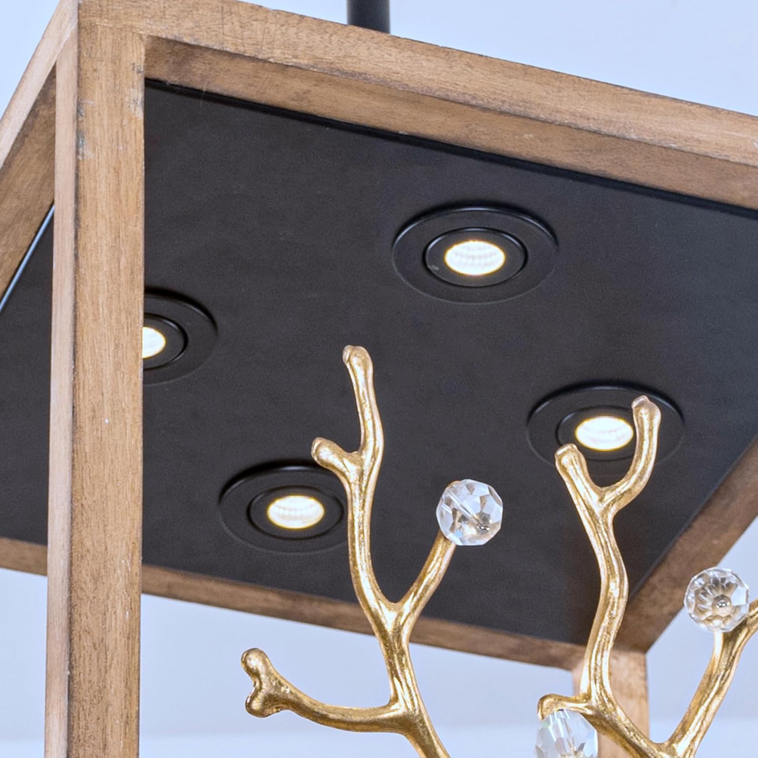 Parrot Uncle Modern Chandeliers Vintage Wood Lamp Pendant Light, Wood Frame Box Light Fixture for Bedroom Dining Room Kitchen Island, Gold Accent, 18.5 x 18.5 x 17.3 Inch