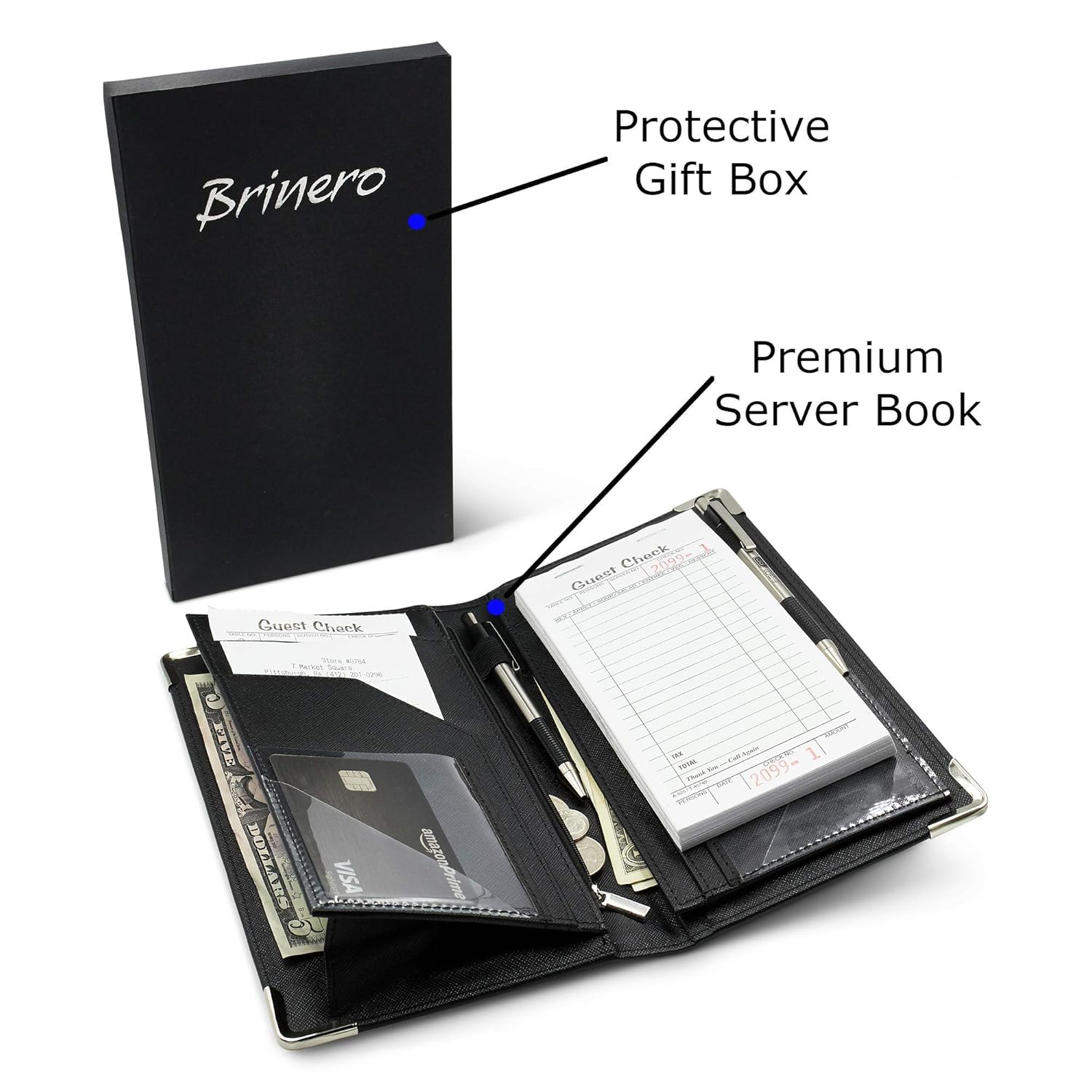 Premium Server Book, Newly Improved Bulk Pockets Stronger Magnets, 2 Pen Holders, Zipper Pocket, Firm Writing Surface