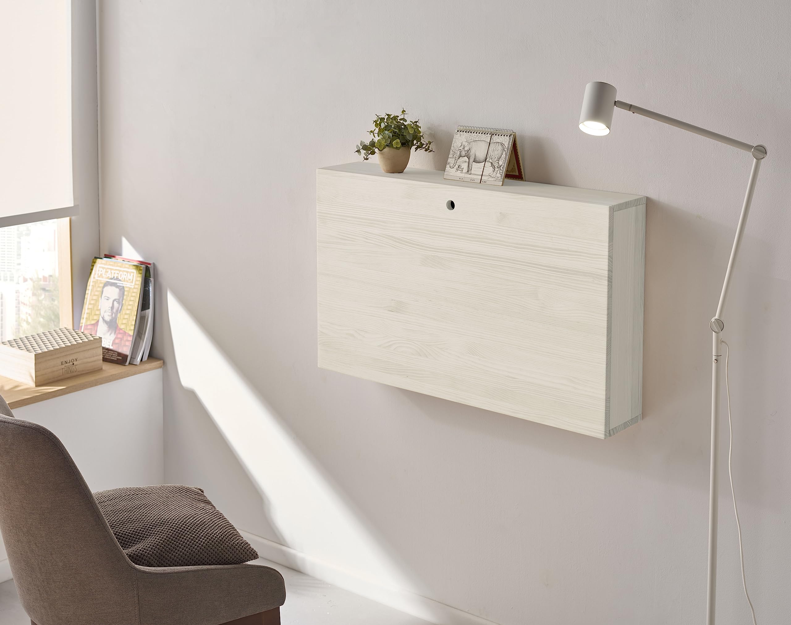 HOGAR24 ES - MAX - Escritorio Flotante Madera Maciza con Puerta abatible, Combinado Color Blanco. Medidas: 90 x 54 x 17 cm.