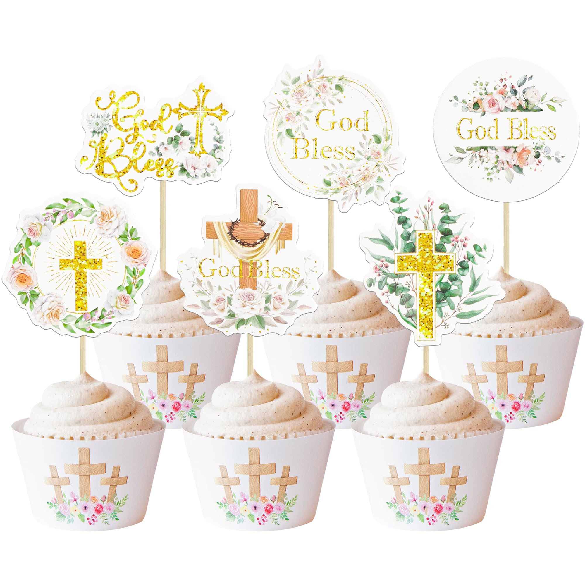 Gyufise 36Pcs God Bless Cupcake Toppers Cross Wreath Cupcake Picks for Christian Baptism Baby Shower Boys Girls First Communion Party Cake Decorations Supplies Green Gold โ image 1