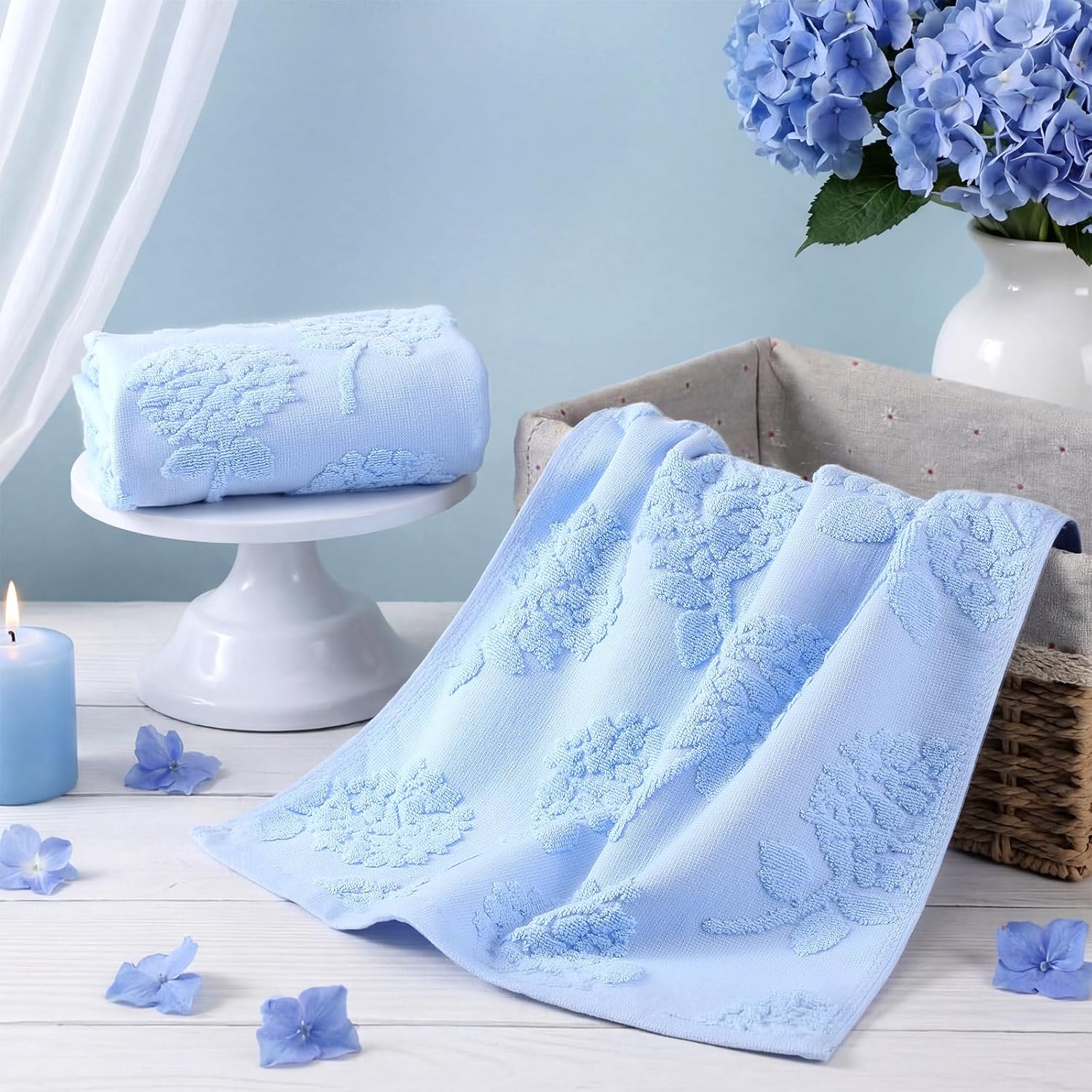 SmoothNovelty 2 Pcs Blue Hydrangea Hand Towels for Bathroom Blue Hydrangea 100% Cotton Jacquard Weave Bath Towel Set Soft Absorbent Washcloth for Bathroom Kitchen Summer Theme Gifts 13.8 x 29.5 Inch
