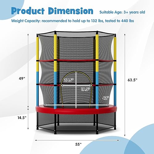 Miniatura 7 de GYMAX Trampolín para niños, cama elástica para niños de 55 pulgadas aprobada por la ASTM con red de recinto completa, almohadilla de seguridad y