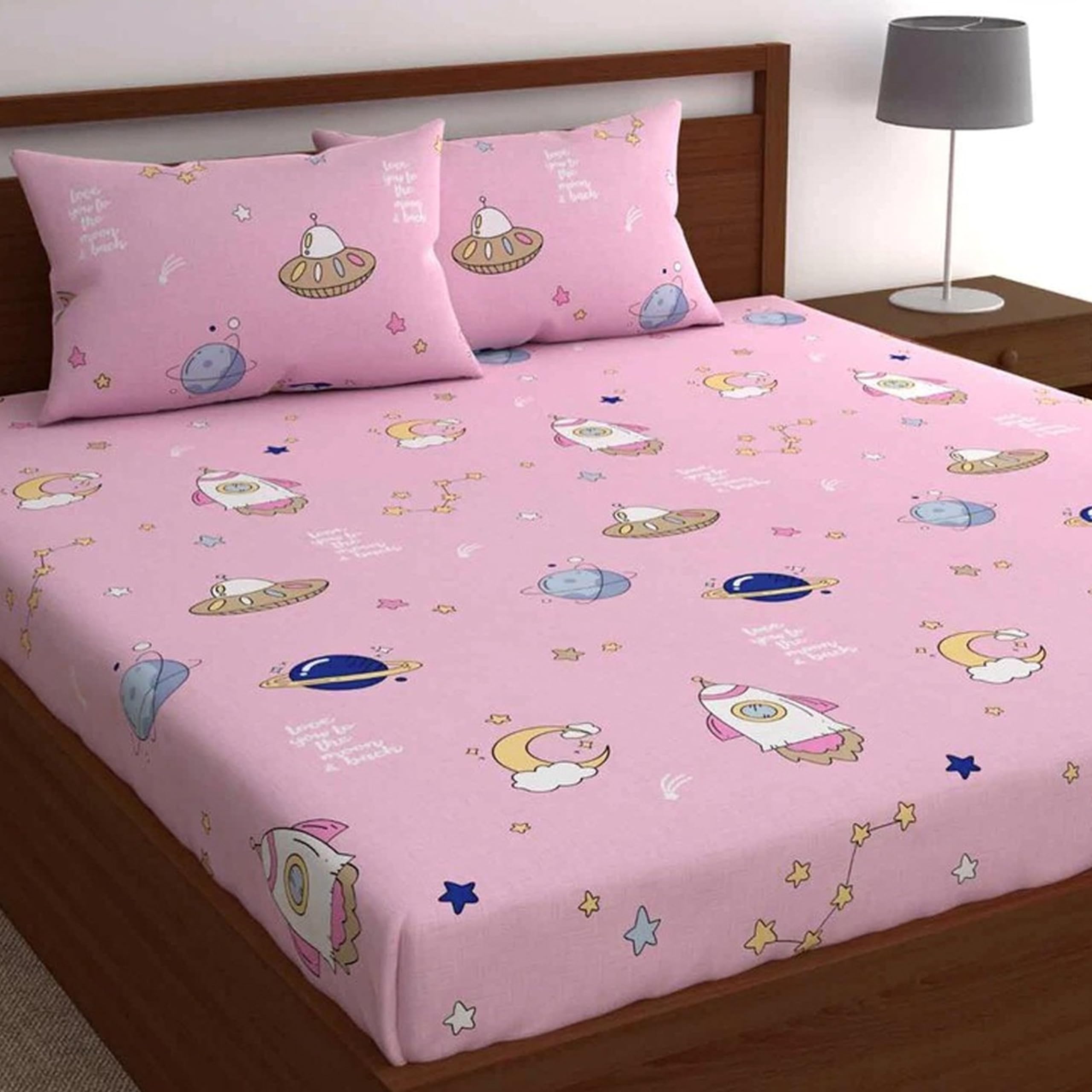 Weave & Décor Super Soft Super Comfortable Pure Cotton Feel Pink Space Kids Double Bed Bedsheet-image-7