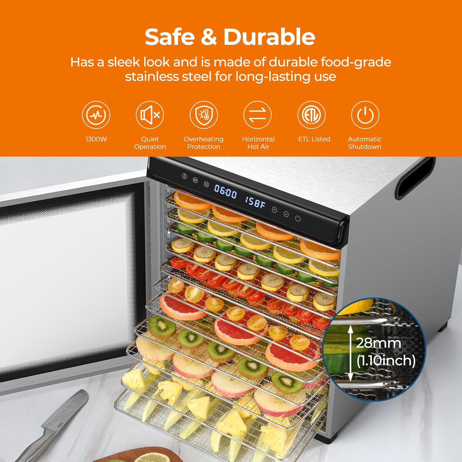 YASHE Food Dehydrator Machine, 12 Stainless Steel Food Dryer, 1300W Dehydrators for Food and Jerky, Herbs, Meat, Fruit, Dog Treats, 72H Timer and Temperature Control, Recipes Book Included