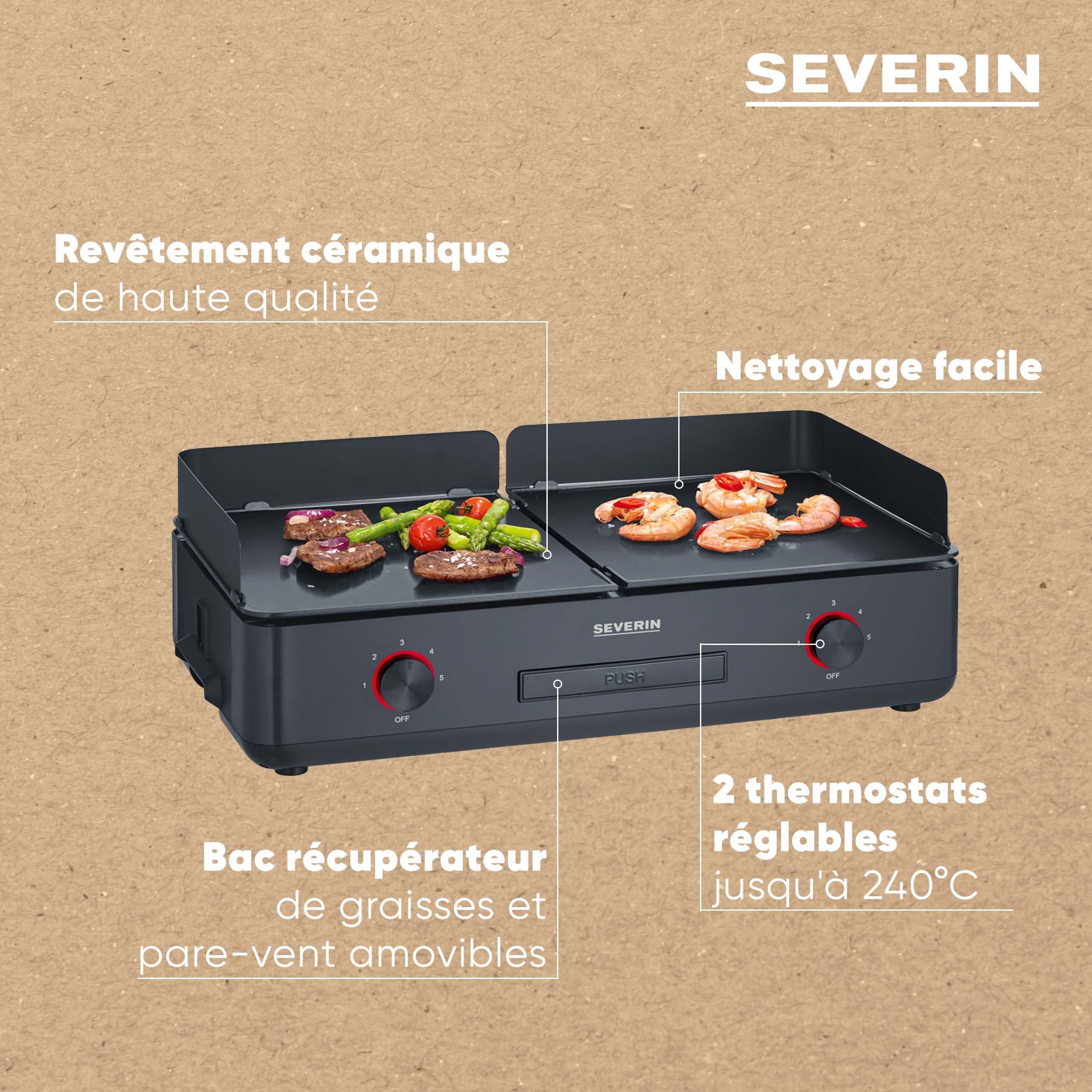 SEVERIN Plancha réglable jusqu'à 240°C, 2 200 W, Plaque de cuisson au revêtement céramique pour viandes, poissons & légumes, Gril électrique avec bac récupérateur de graisse amovible, Noir, PG 8569