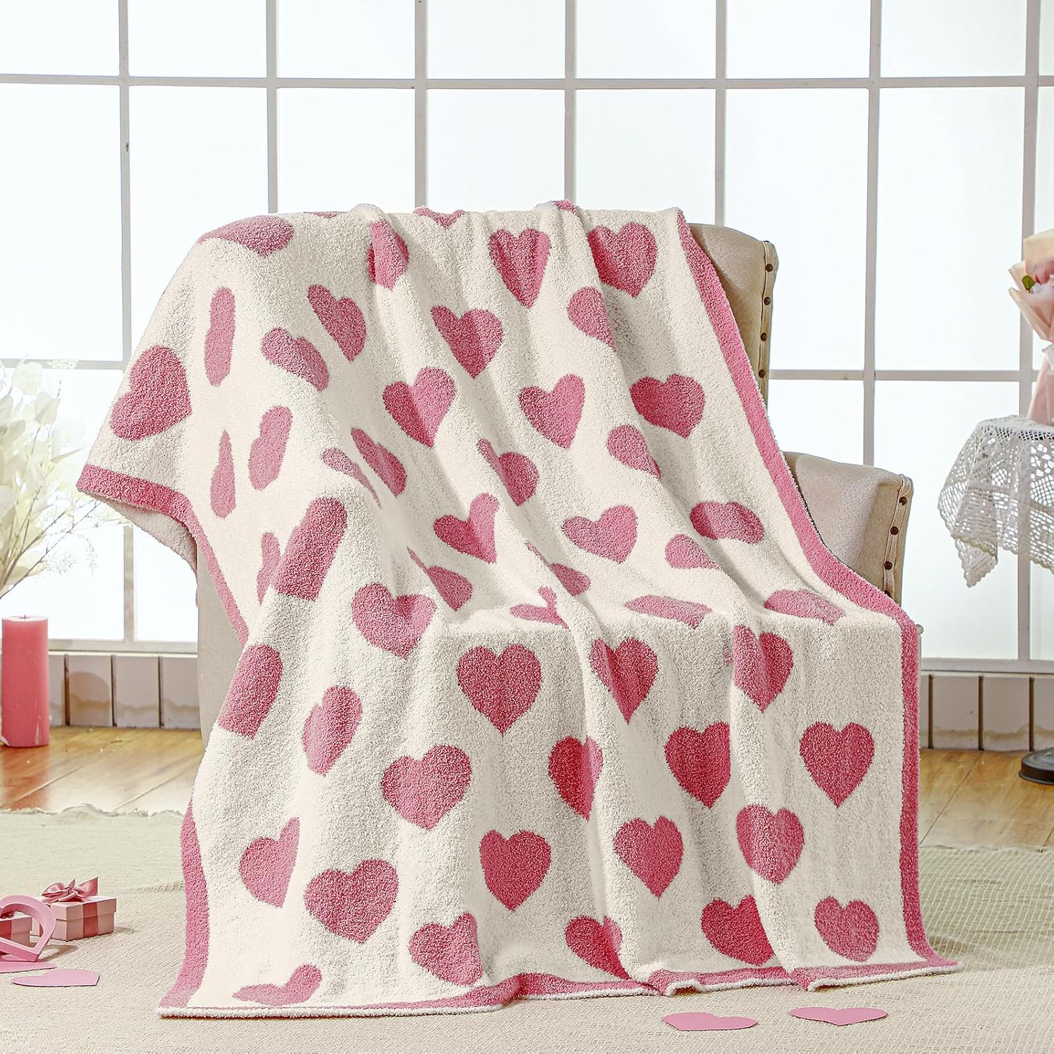 Buryeah Valentine's Day Knit Throw Blanket 50 x 60 Inch Heart Reversible Knitted Blanket Microfiber Love Romantic Love Decorative Gifts for Wife Women Sofa Bed Home Decor(Pink)