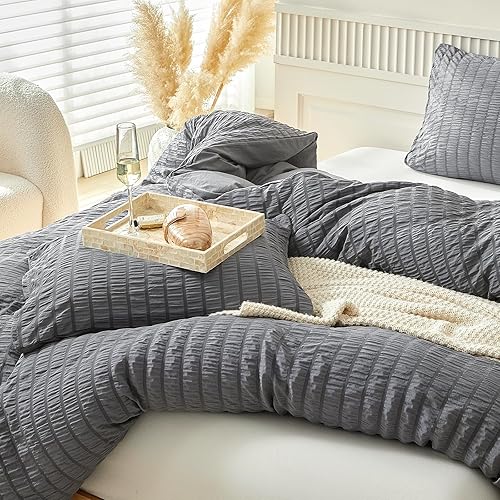 Miniatura 7 de WARMDERN Juego de funda de edredón tamaño Queen, 3 piezas de microfibra lavada gris, juego de ropa de cama suave y transpirable con textura a rayas