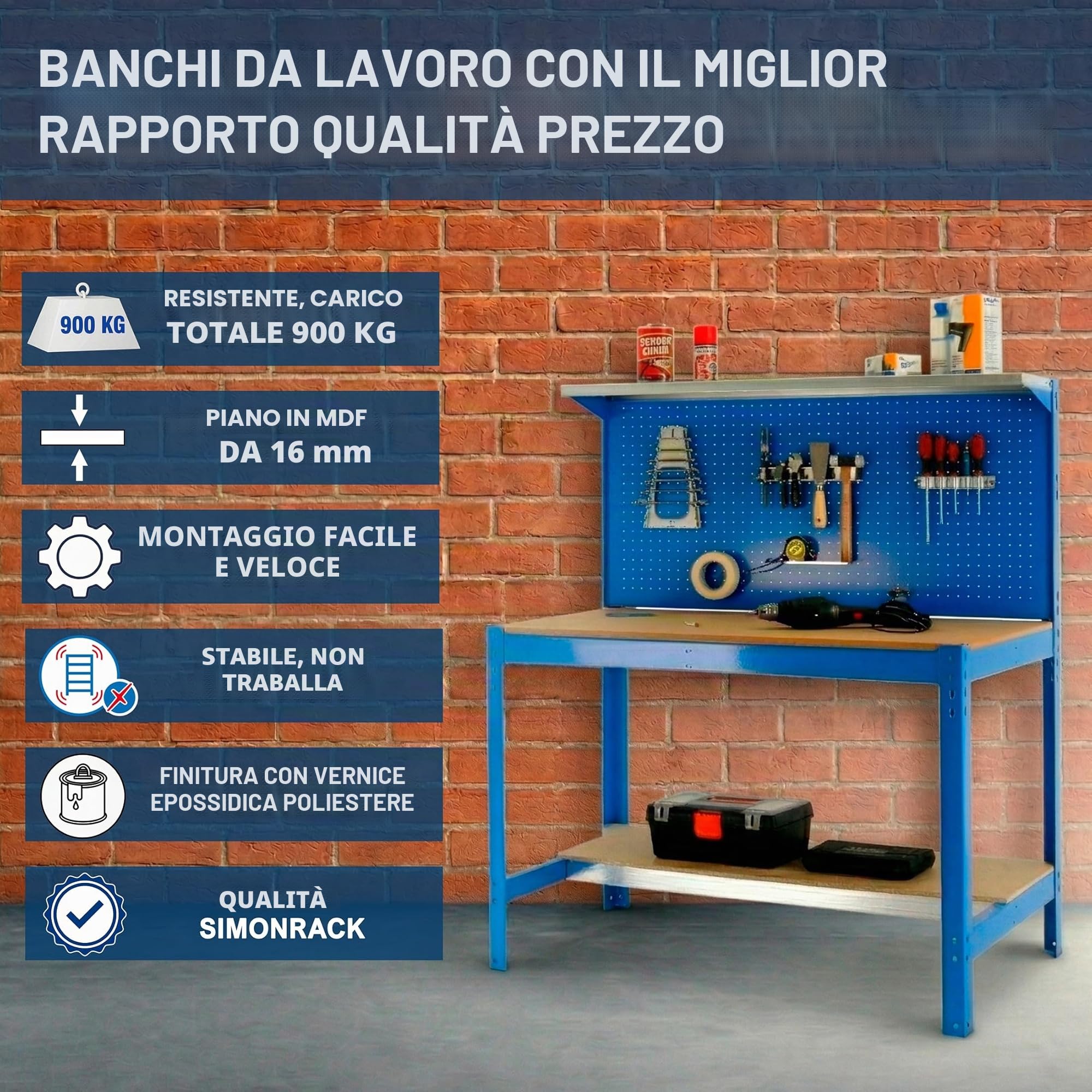 Simon Rack Banco da lavoro per officina, capacità di carico 400 kg, 1445x910x610 mm, tavolo da lavoro fai da te, Gris/Legno - BT3
