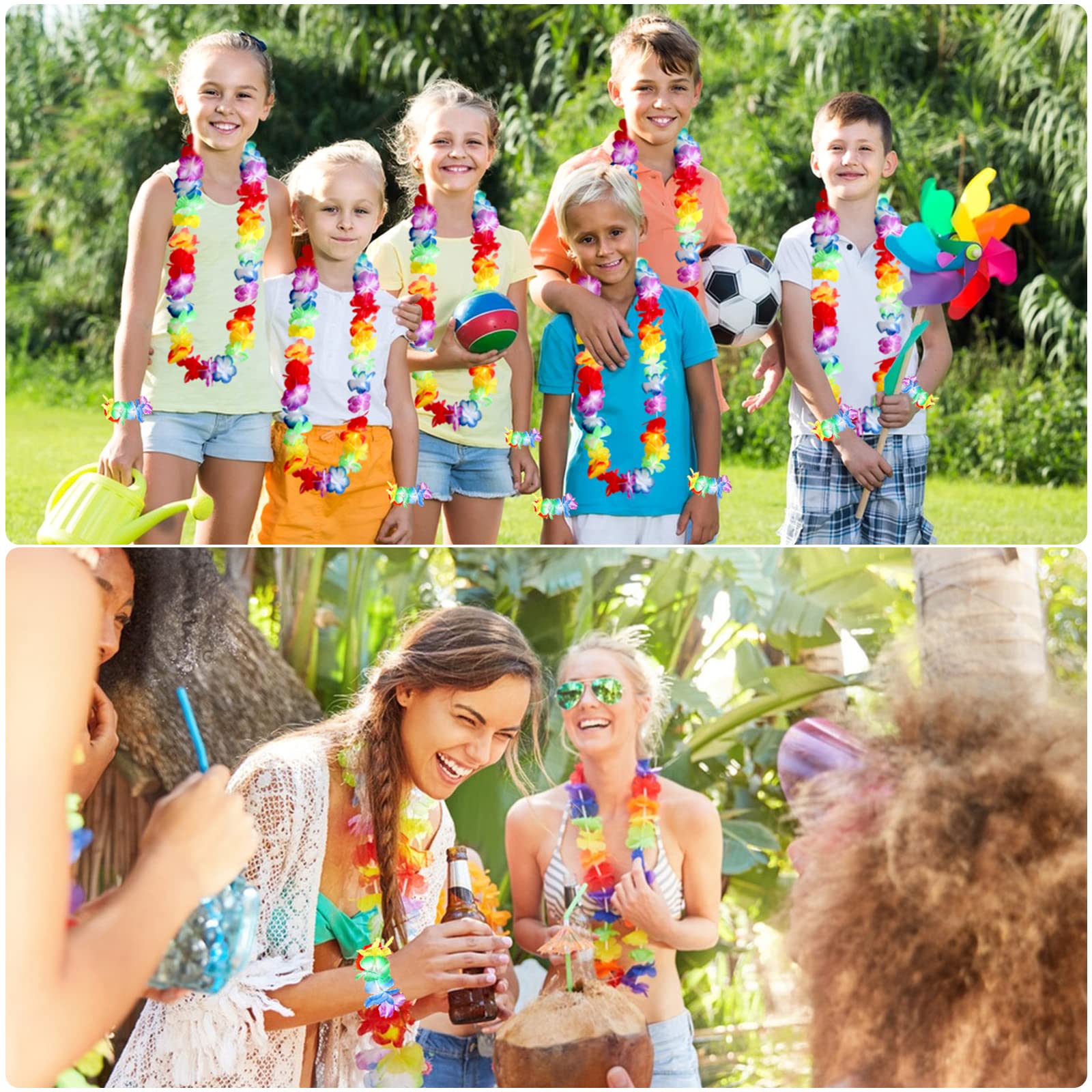 40 Pezzi Gonna Hawaiana Set con 8 Hula Hawaiana,8 Ghirlanda Hawaiana Collana fiori,8 Corona e 16 Bracciali, Costume hawaiano Hula Gonna per Festa Hawaiana Luau Party Decorazione Festa in Spiaggia