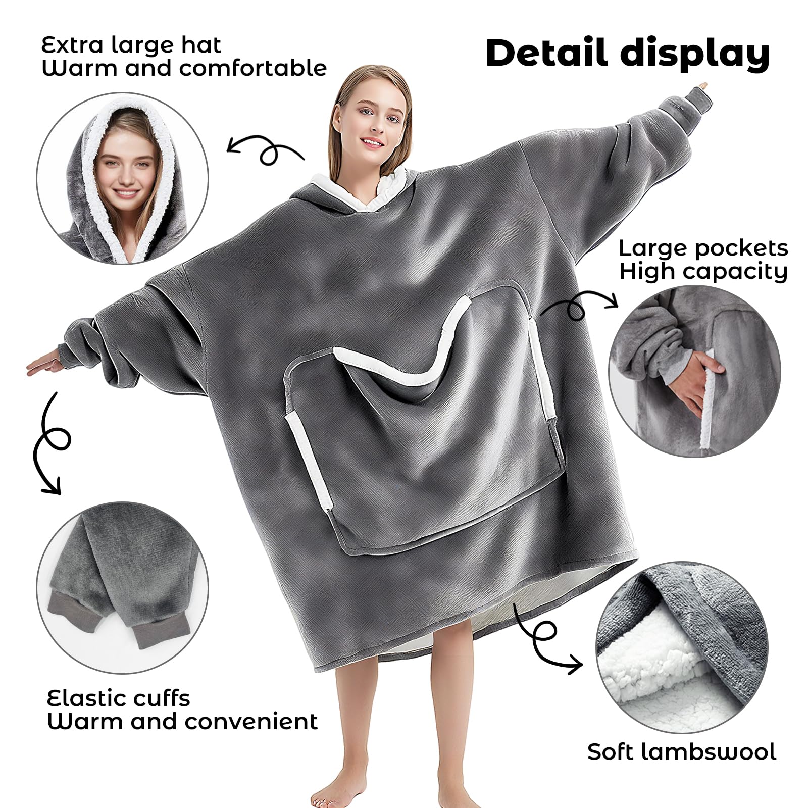 auvstar Manta de Sudadera Gigante con Capucha, Manta de Gran Tamaño Sudadera con Capucha Sherpa con Bolsillo Frontal, Suave Cálida Cómoda, Talla Única para Adultos, Hombres, Mujeres, Adolescentes