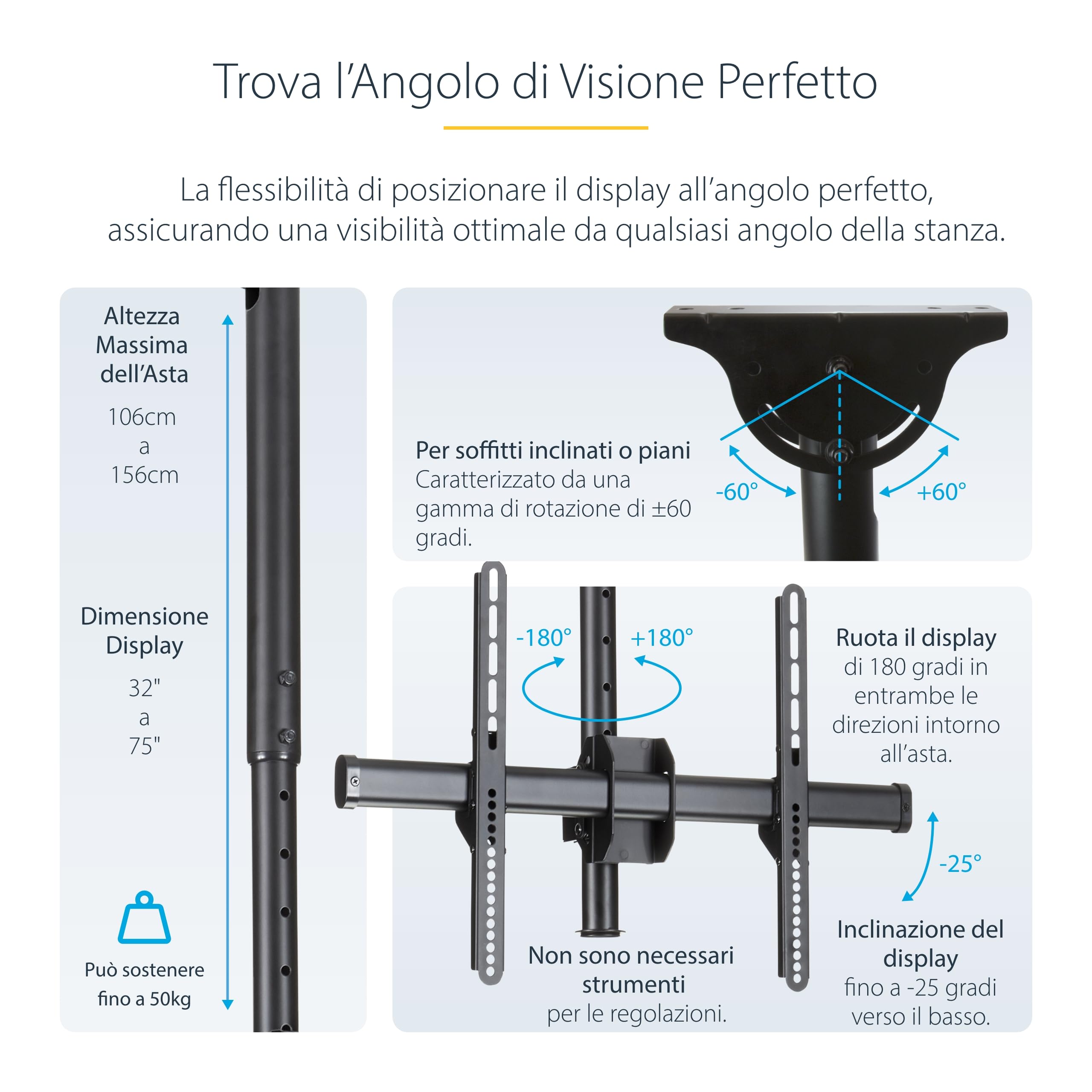 StarTech Supporto TV da Soffitto da 32" a 75" VESA (FLATPNLCEIL) | Asta Telescopica Regolabile, Schermo Singolo, Inclinabile e Girevole