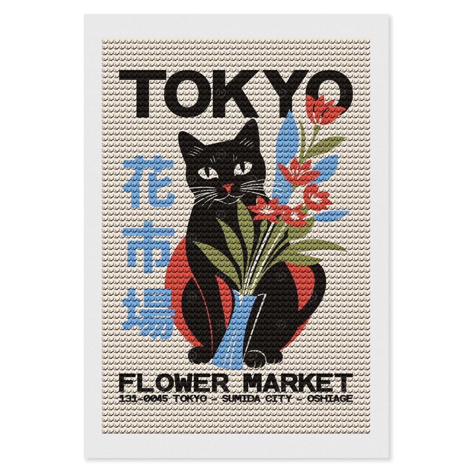 Junmoney Tokyo Flower Market Cat Diamond Painting Canvas Set 8"x12", Satisfying Creative Project, Easy to Follow Symbols, Fun Craft Experience