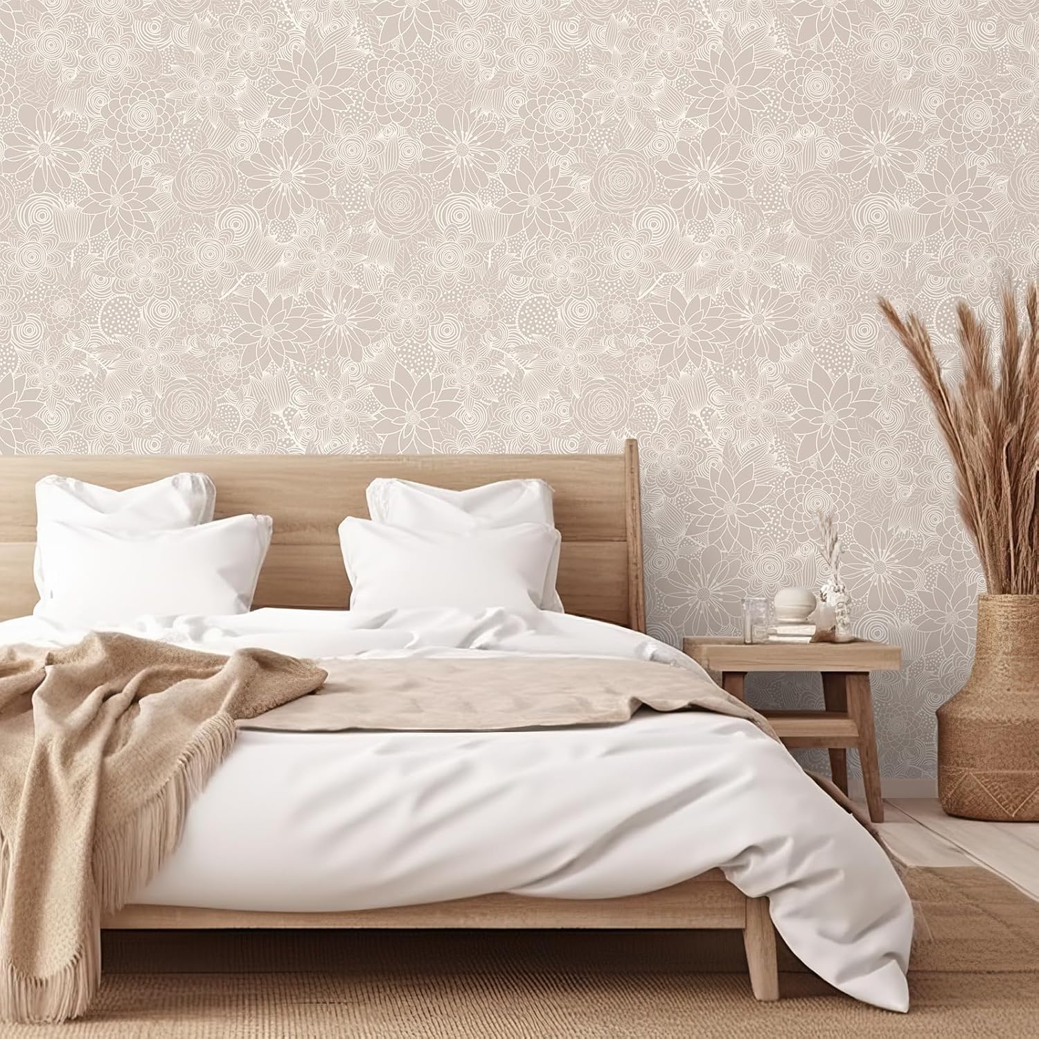 VEELIKE Pastel Beige Floral Wallpaper Boho Floral Peel and Stick Wallpaper for Bedroom Nursery 17.7''x118'' Self Adhesive Removable Flower Wallpaper Beige Contact Paper for Cabinets Drawers Shelves