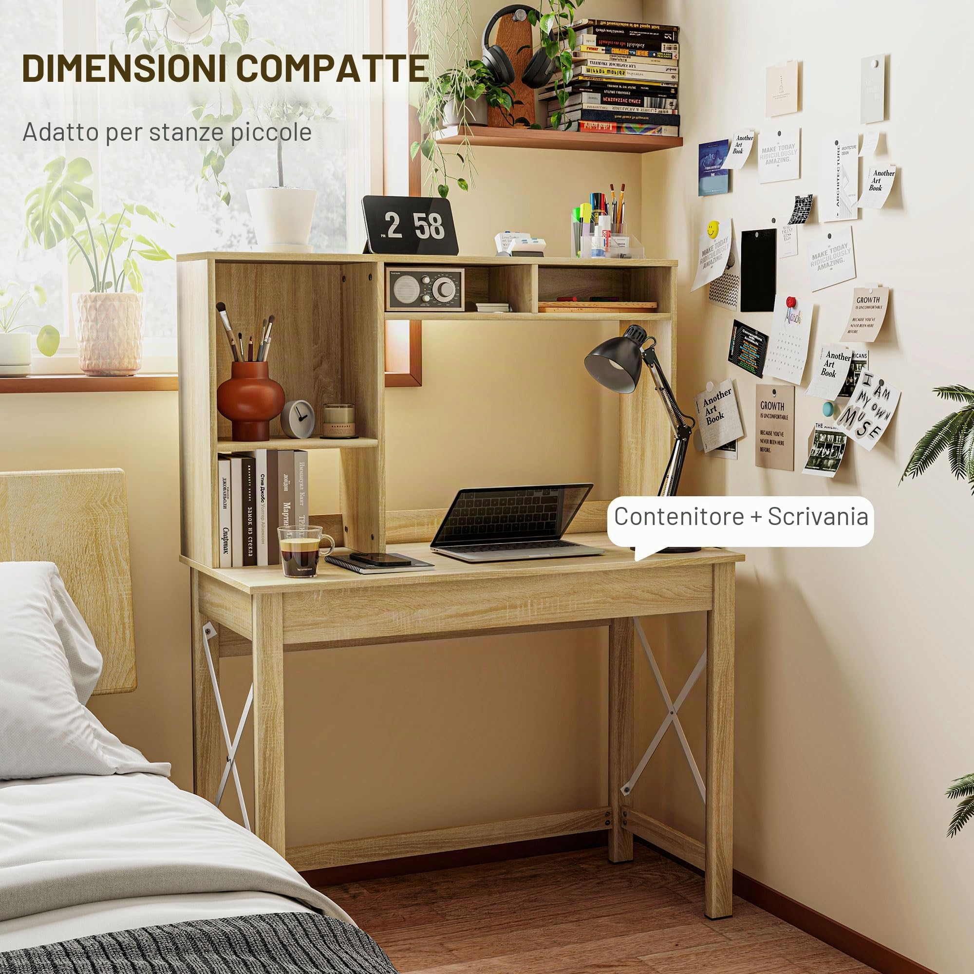 HOMCOM Scrivania computer 41" con scomparti e mensole Rovere | Tavolo da scrittura con ribalta, scrivania per ufficio domestico