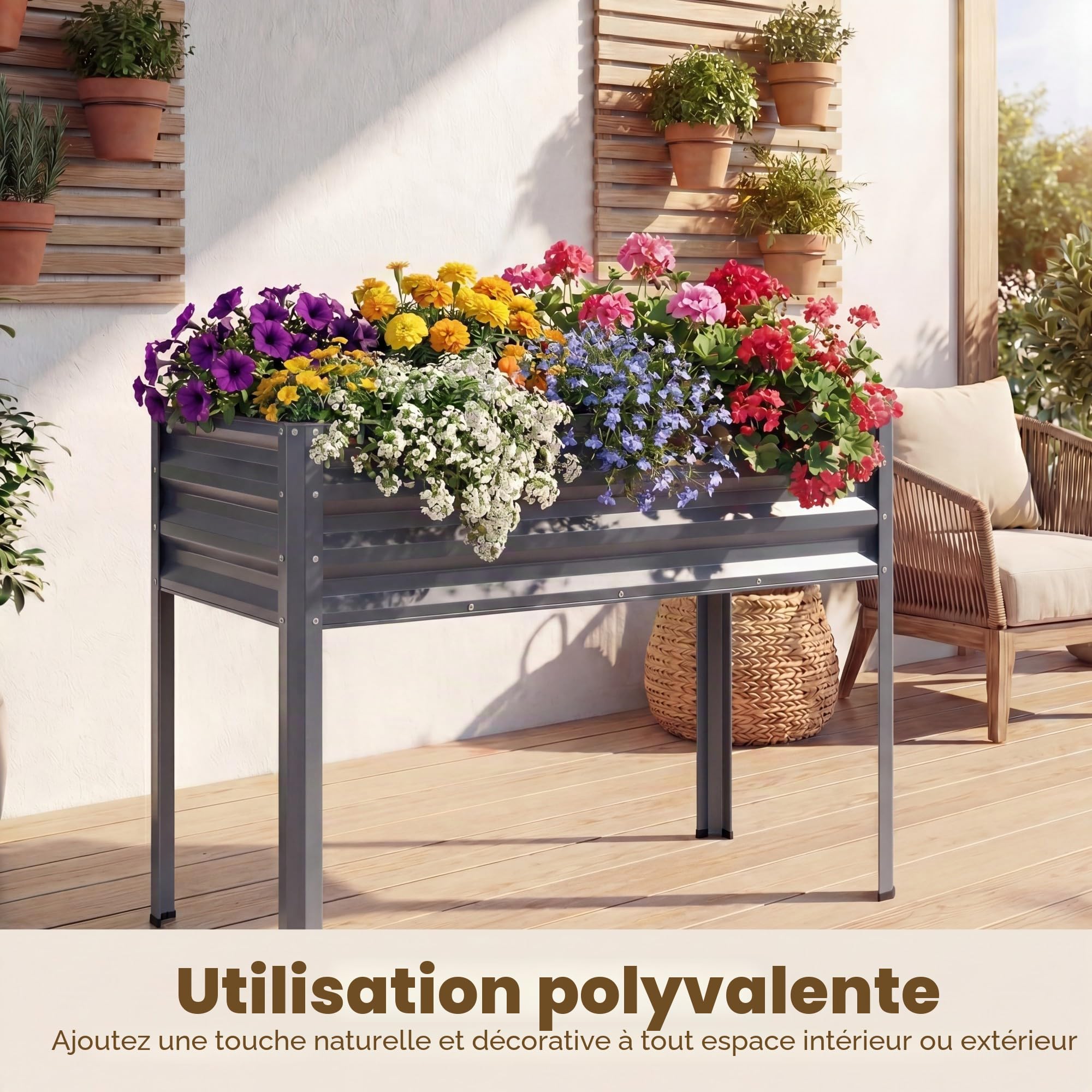 HOMASIS Jardiniere sur Pieds en Métal 142L, Potager Surélevé avec Trou de Drainage, Patins Antidérapants&Barres Renforcées, Table de Culture pour Légumes&Fleurs, Jardin&Balcon, 112x55x152cm (Gris)