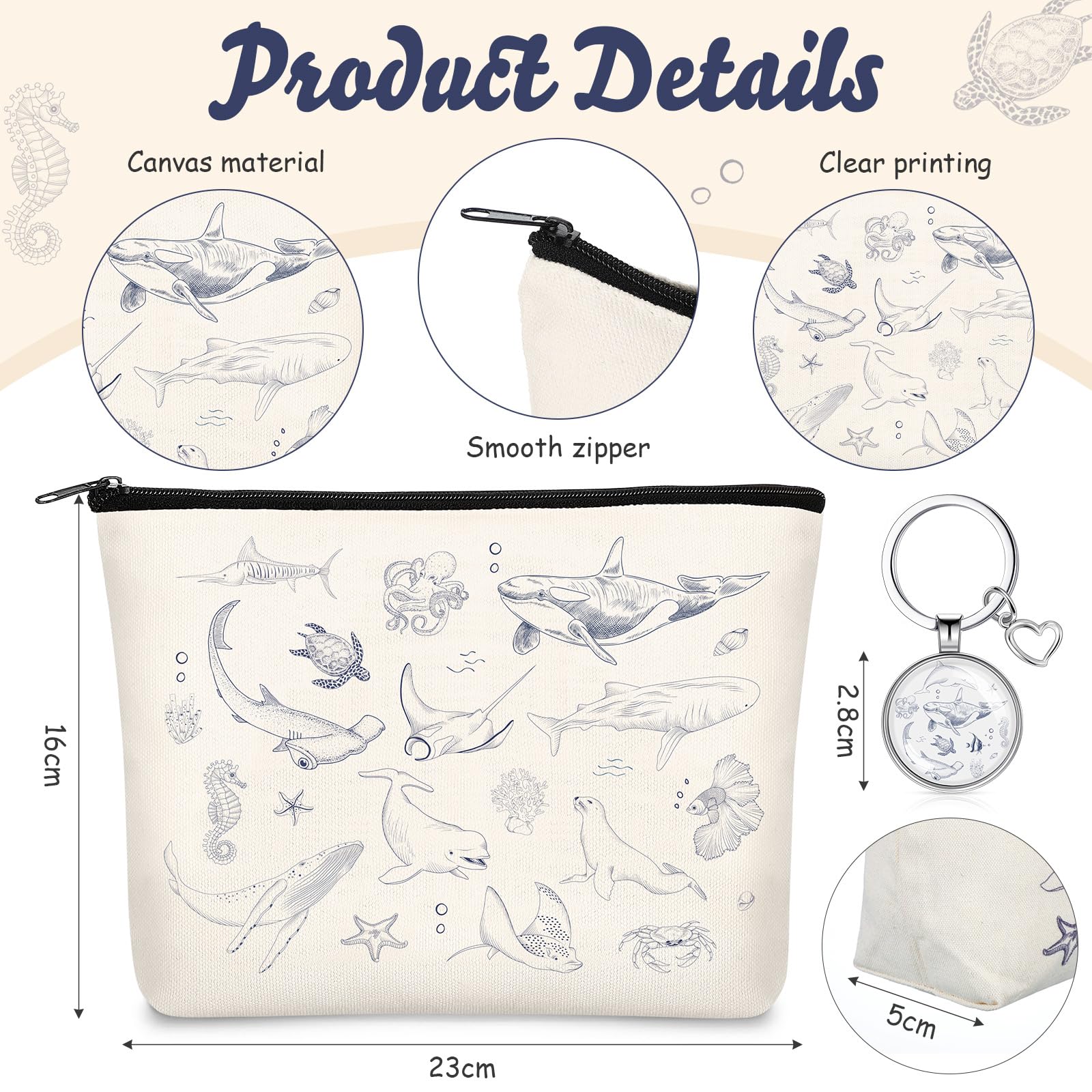 5 Pcs Sea Animal Themed Gifts Set for Women Include Canvas Beach Tote Bag Makeup Bag Keychain Notebook Pen for Ocean Lovers Party Favors Birthday Gift for Christmas