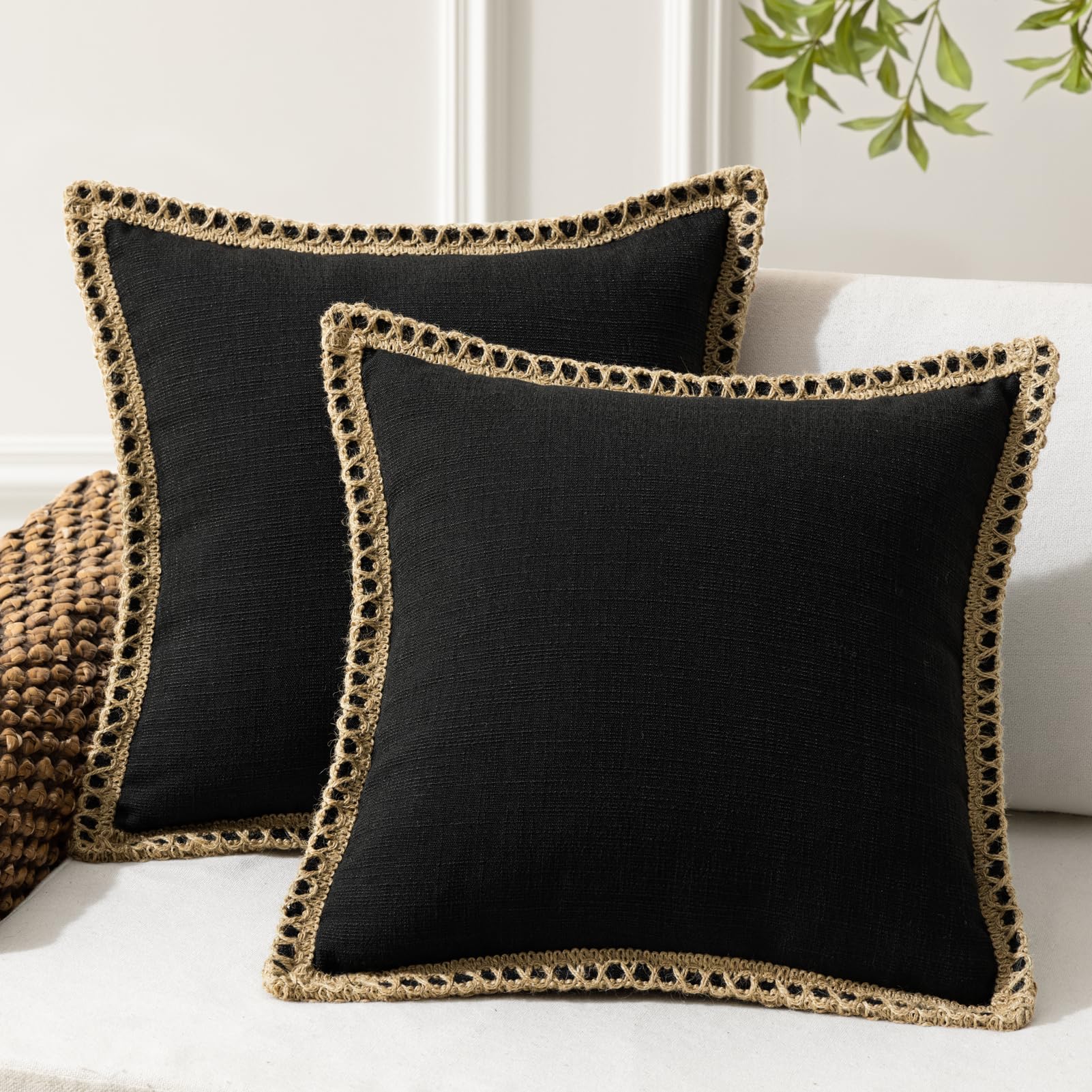 Phantoscope Pack of 2 Farmhouse Decorative Solid Pillow Cover Burlap Linen Trimmed Tailored Edges, Black, 18 x 18 inches, 45 x 45 cm