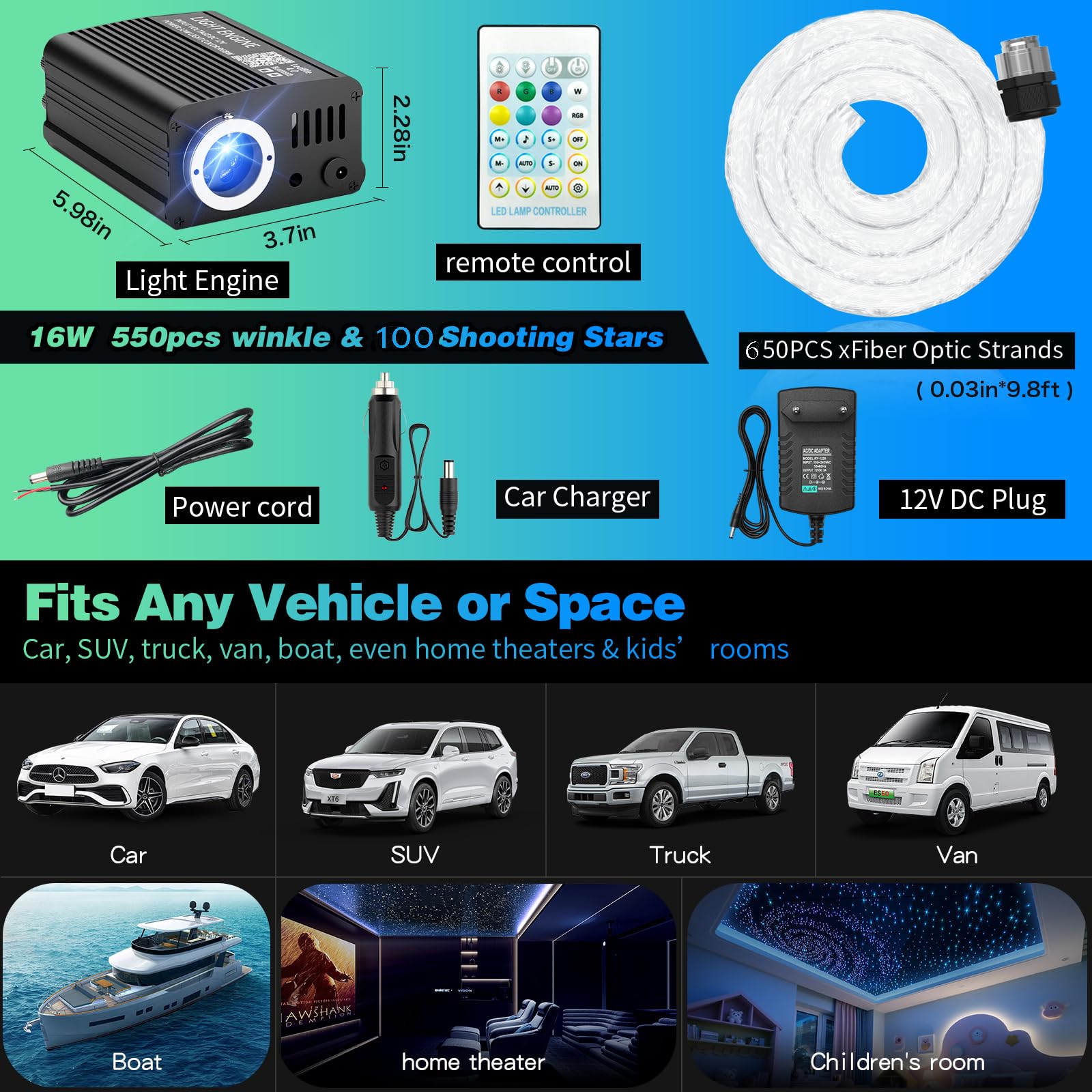 Lámpara de techo de 16 W con efecto cielo estrellado de fibra óptica para auto con 650 piezas * 0,75 mm * 3 m Twinkle Meteor 2 en 1 Modelo Música Sync APP Control para regalos de boda Luces de