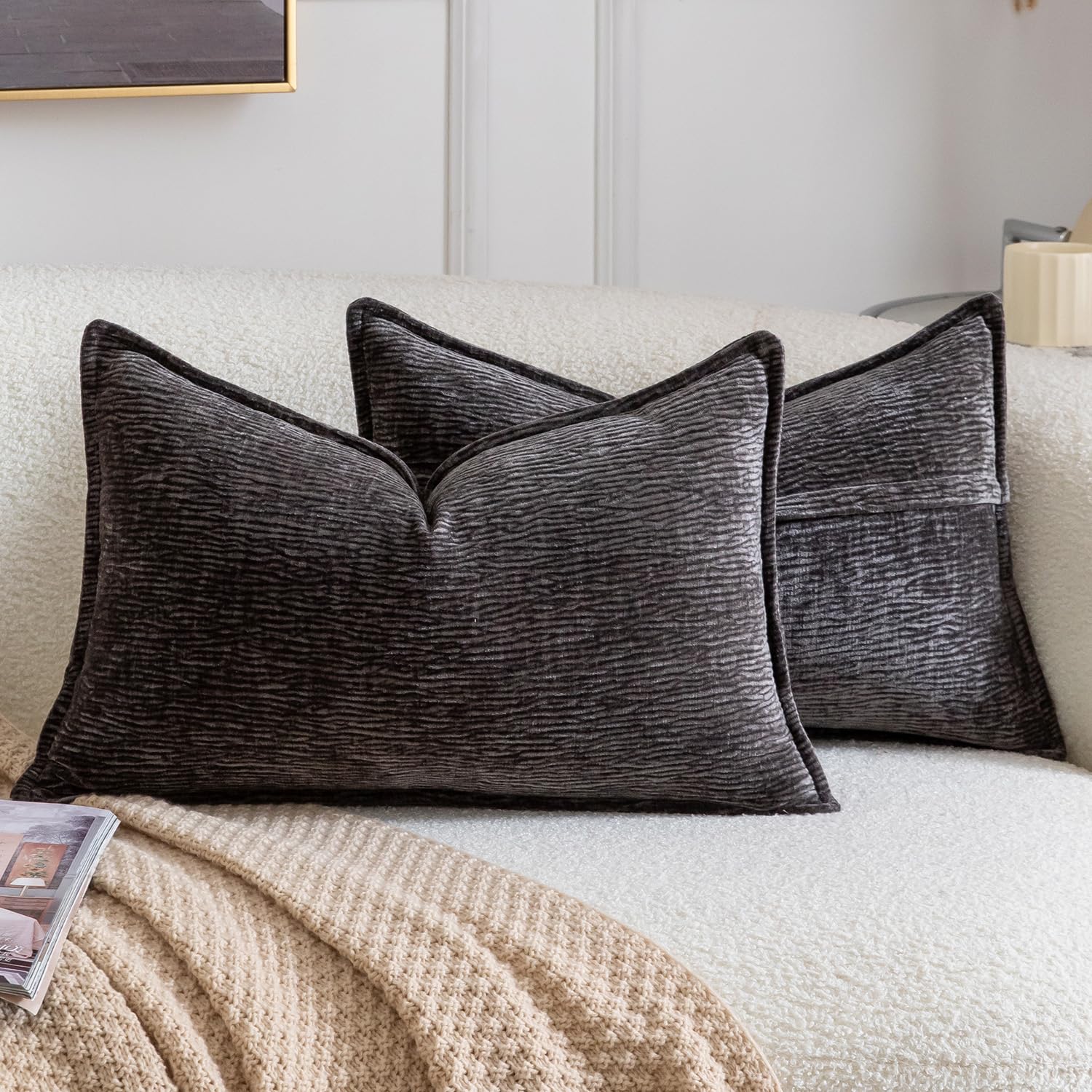 Madizz Pack of 2 Decorative Cushion Covers Soft Chenille Throw Pillows Solid Textured Throw Pillow Covers for Couch Sofa Bedroom Living Room 30x50 CM, Dark Grey