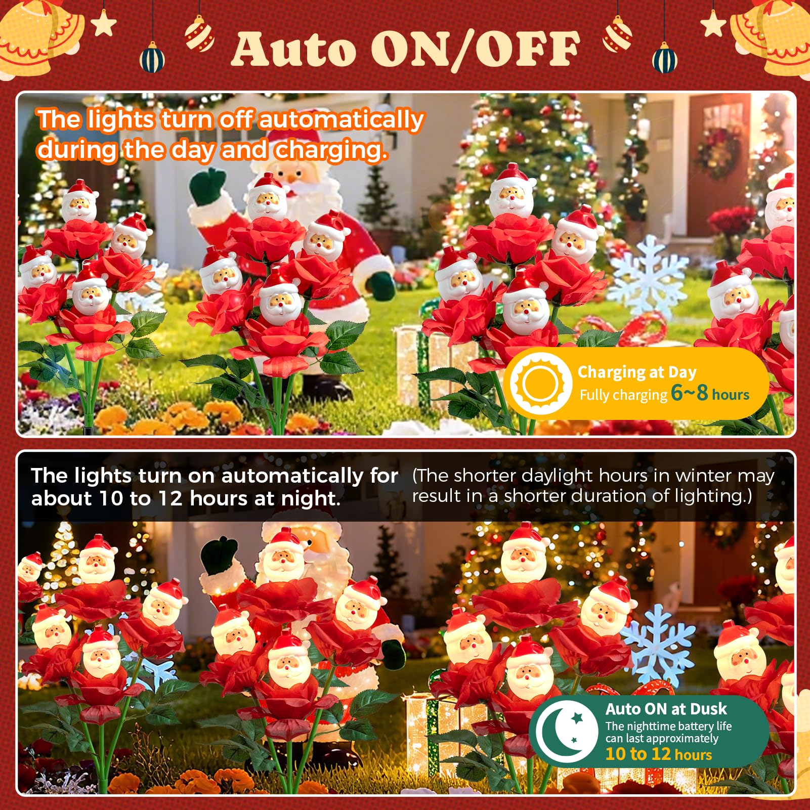 Lot de 2 lampes solaires de jardin en forme de rose de Noël avec Père Noël, 70 cm, pour décoration de Noël, marche/arrêt automatique, étanchéité IP65, convient pour cour, étang, allée