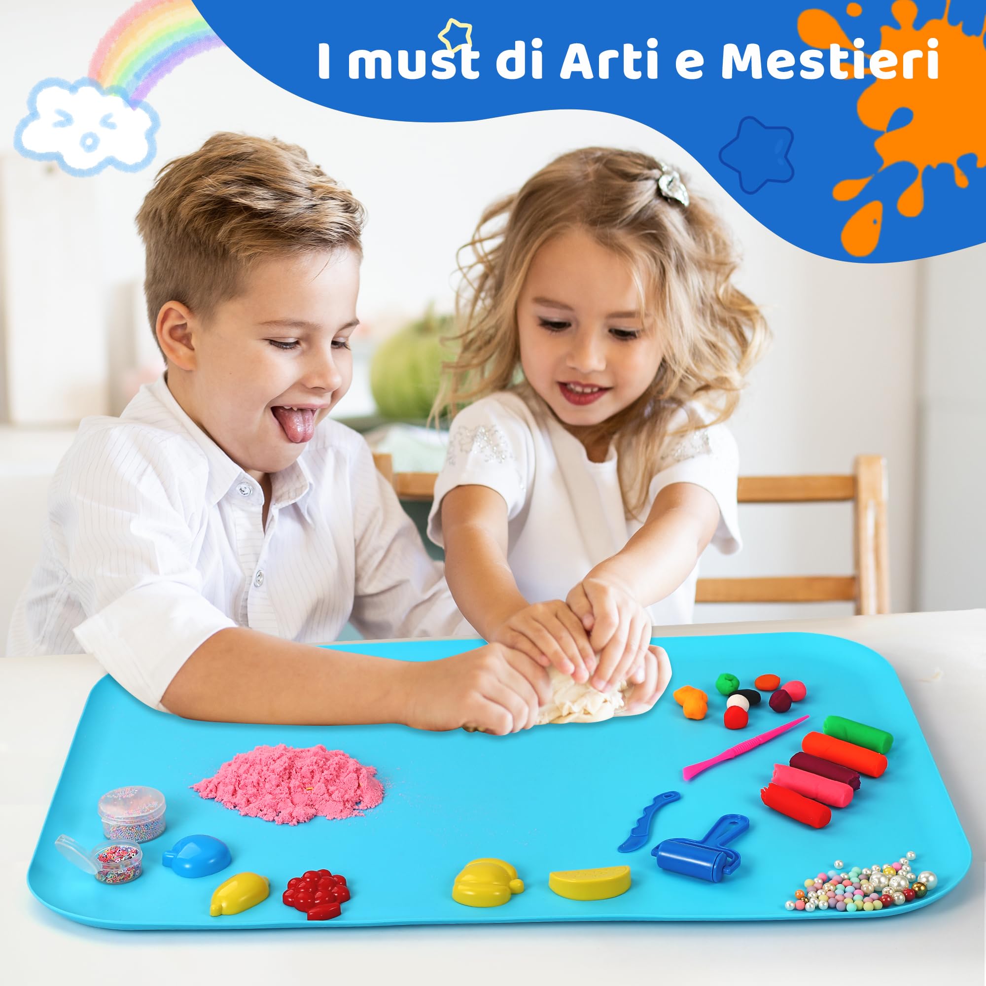 AtMini Tappetino in silicone grande 60x40 cm per artigianato, sabbia, pittura, resina, gioielli fatti a mano, disegno, multiuso con bordi rialzati (blu)