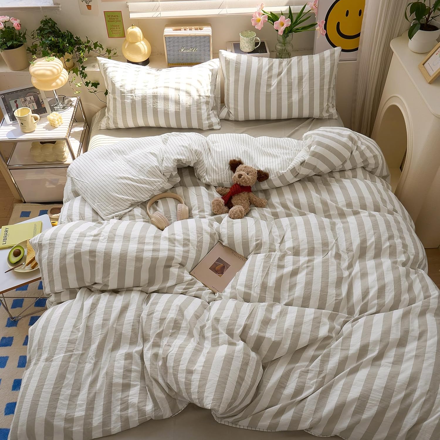 Brown Striped Duvet Cover Queen Boho Pattern Queen Size Comforter Cover Lightweight Stripe Dorm Room Farmhouse Duvet Cover Set with Pillowcase Teen Boy Bedding Washed Microfiber Duvet Protector